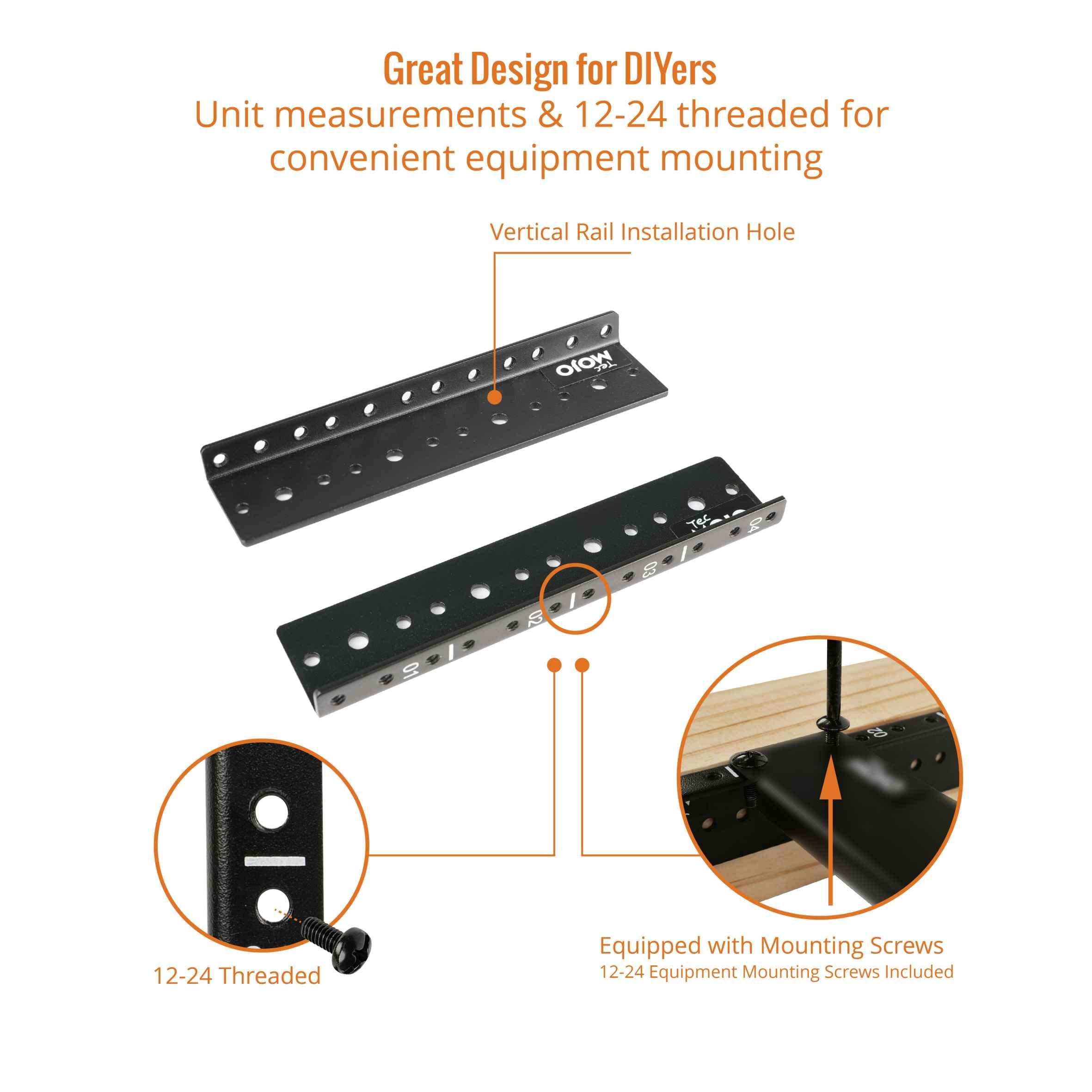 Tecmojo Tecmojo 4U Rack Rails with 12-24 Screws to Mount Equipment, Heavy Duty Steel Rack Rail Set, Black, Tapped Hole