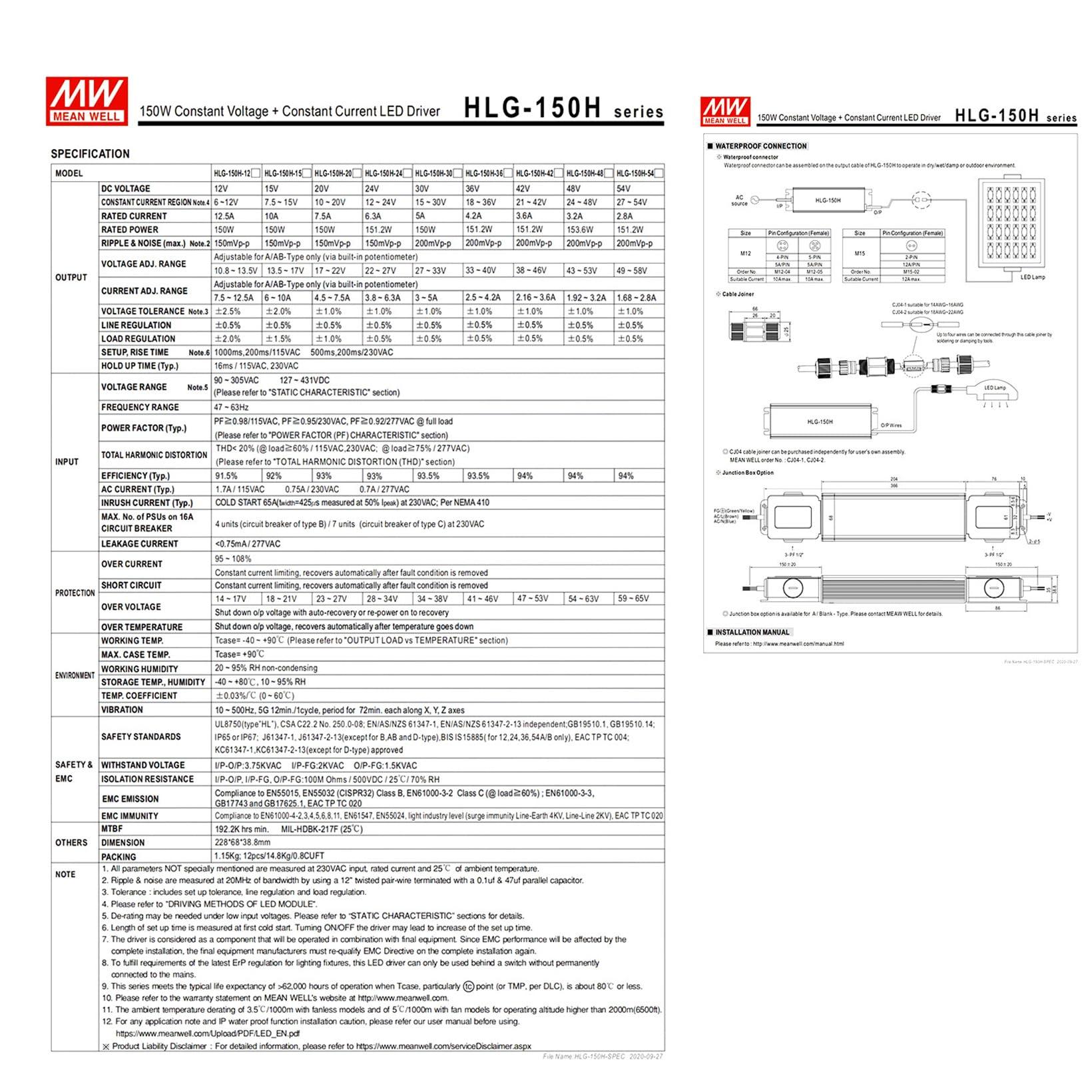 YS powered by MW Generic HLG-150H-12A 12V 12.5A 150W LED Driver IP67 for Outdoor Lighting, YS-HLG-150H-12A