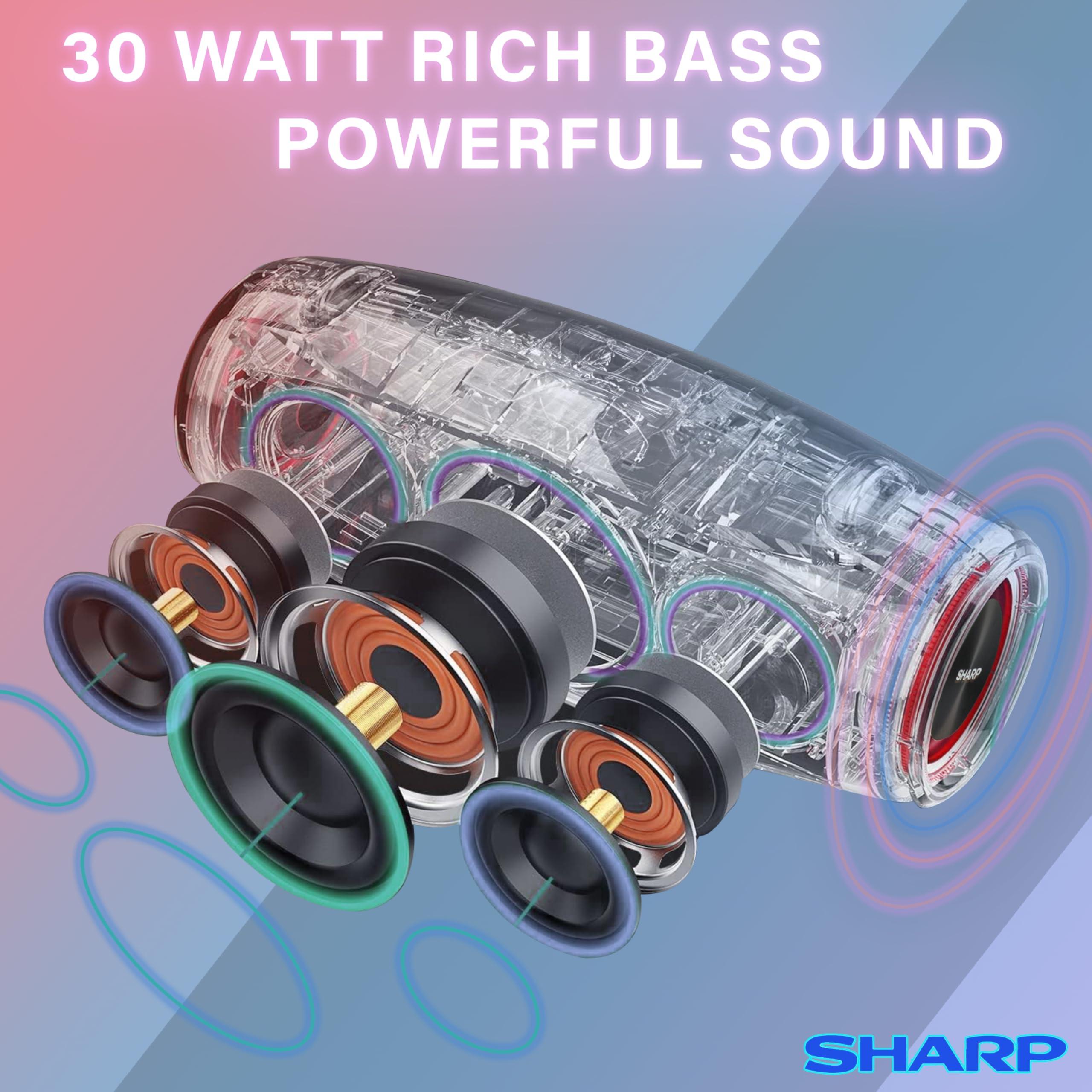 Sharp Sharp GX-BT390 Crystal Clear Series Bluetooth Speaker | Waterproof IP67 | 10 Hour Playtime | 2 Light Modes | 60W Max Power with Strong Bass | True Wireless Pairing | Hands-Free Calling | Strap | Blue