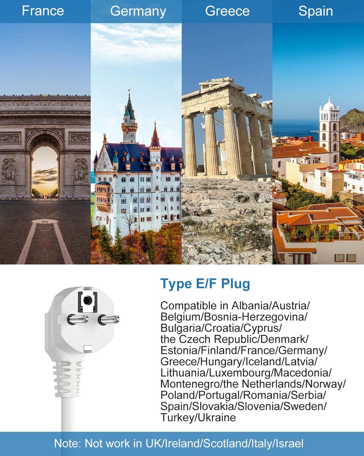 QuasarCheuk Type E F Plug Adapter, Germany France Travel Plug Adapter with 3 Outlets 3 USB PortsSchuko Plug Power Adaptor for US to Europe EU Spain Iceland Korea Greece Norway Russia German French, 4ft