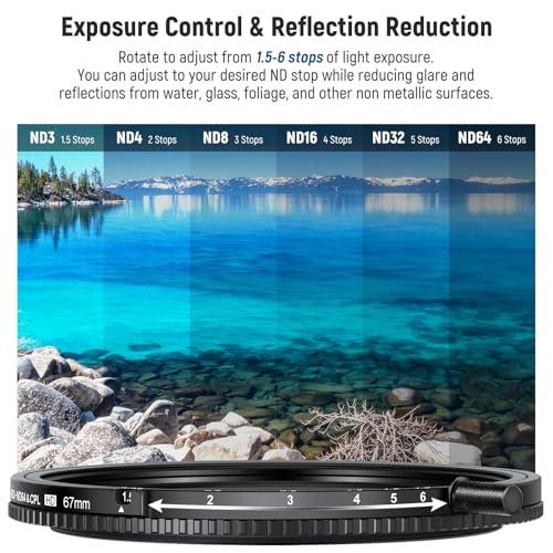 NEEWER NEEWER 67mm True Colors Variable ND&CPL Filter with Putter, ND3-64(1.5-6 Stops), 2 in 1 Adjustable Limited Neutral Density & CPL Filter, Multi Coated HD Optical Glass/Aluminum Frame/Scratch Resistant