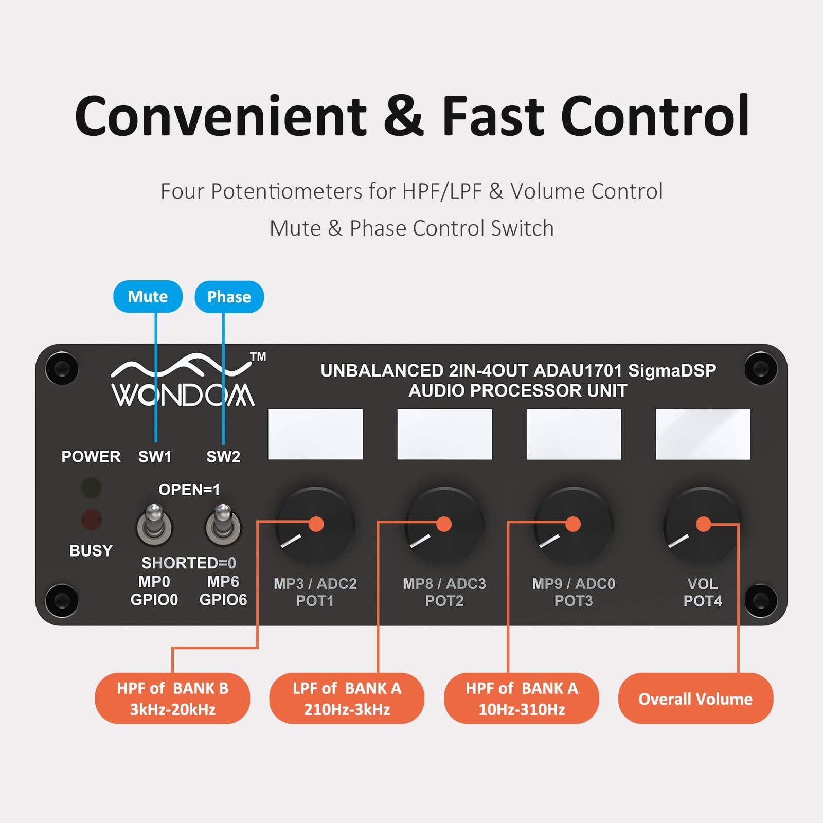 WONDOM ADAU1701 2.1 4.0 DSP Digital Signal Processing Preamp Crossover 2-in 4-Out Tone Board with Treble Bass Volume Adjustment Support Sigmastudio