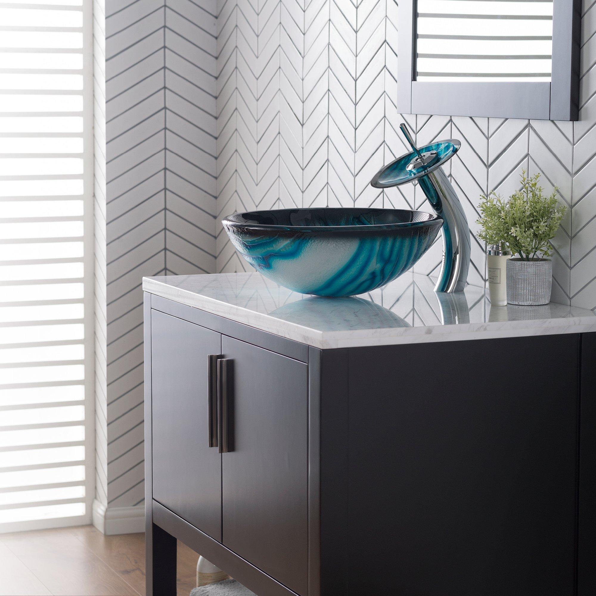 Kraus KRAUS Nature Series Round Blue Glass Vessel Bathroom Sink, 17 inch GV-399-19mm