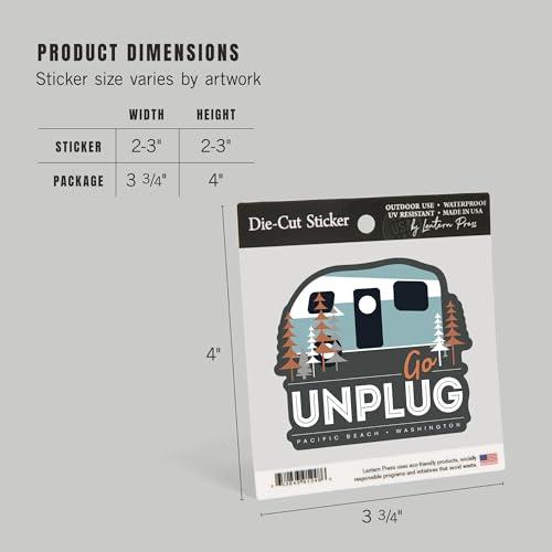 Lantern Press Die Cut Sticker Pacific Beach, Washington, Go Unplug, Vector Retro Camper, Vinyl Sticker 1 to 3 inches (Waterproof Decal for Cars, Water Bottles, Laptops, Coolers), Small
