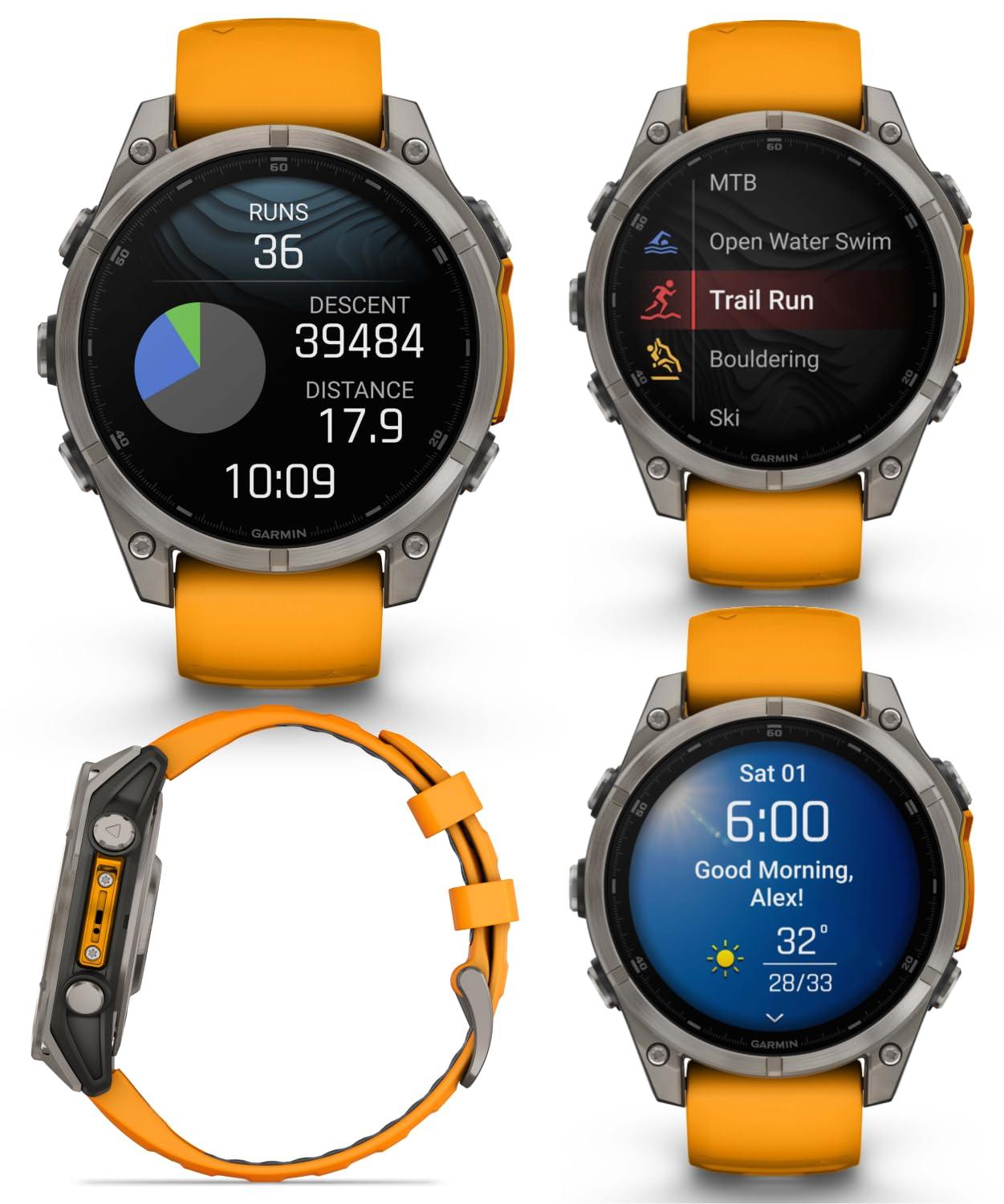 Wearable4U Garmin Fenix 8 47 mm, AMOLED Sapphire Multisport GPS Smartwatch,Titanium with Spark Orange/Graphite Silicone Band, Built-in LED Flashlight with Wearable4UBlack Earbuds Bundle