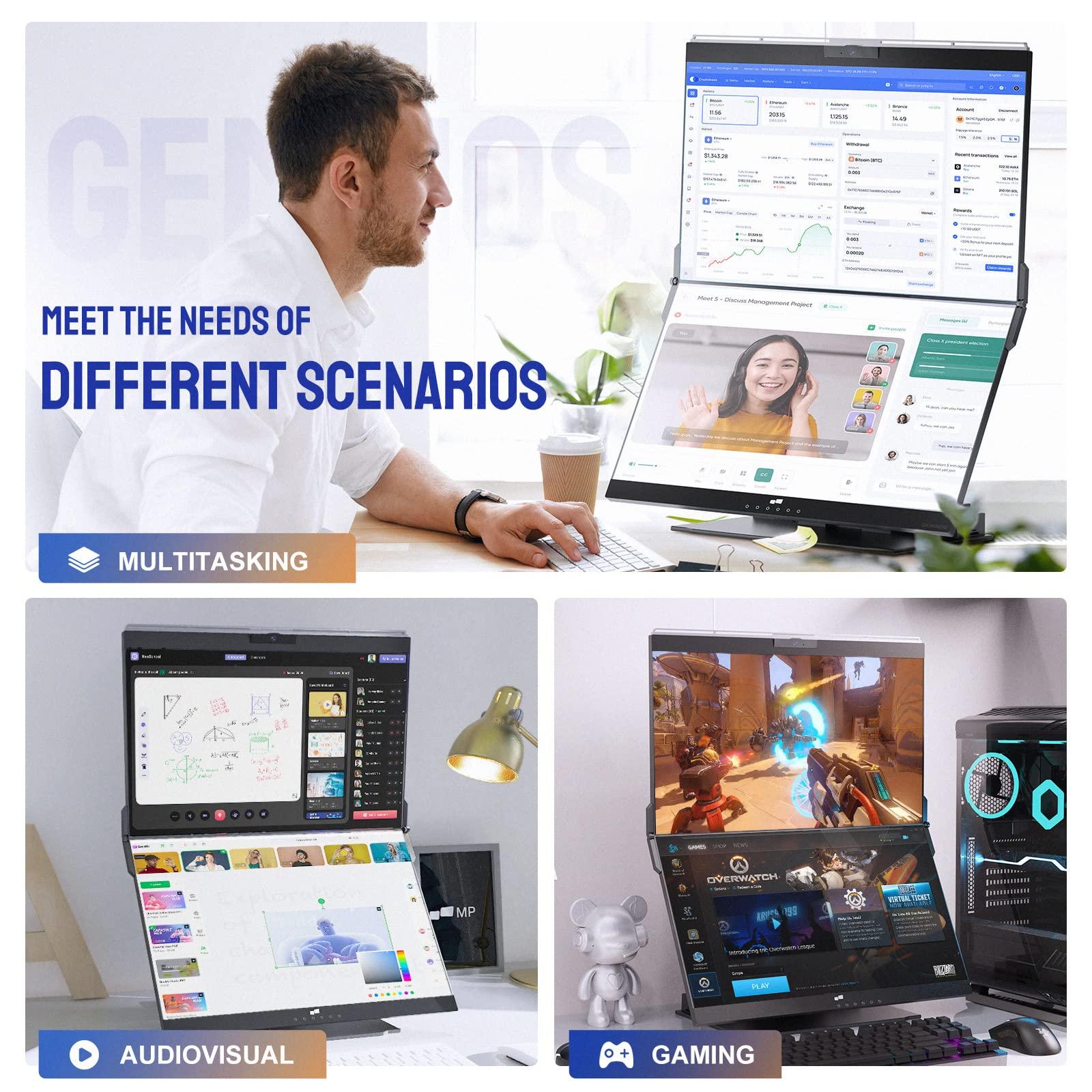 Duex Mobile Pixels Geminos Dual 24" FHD Stacked Desktop Monitors with 1080P Webcam&Speakers, 100W USB-C Charging, All-inclusive HDMI/USB A/USB C Infinitely Adjustable Computer Monitor (2 Monitors)