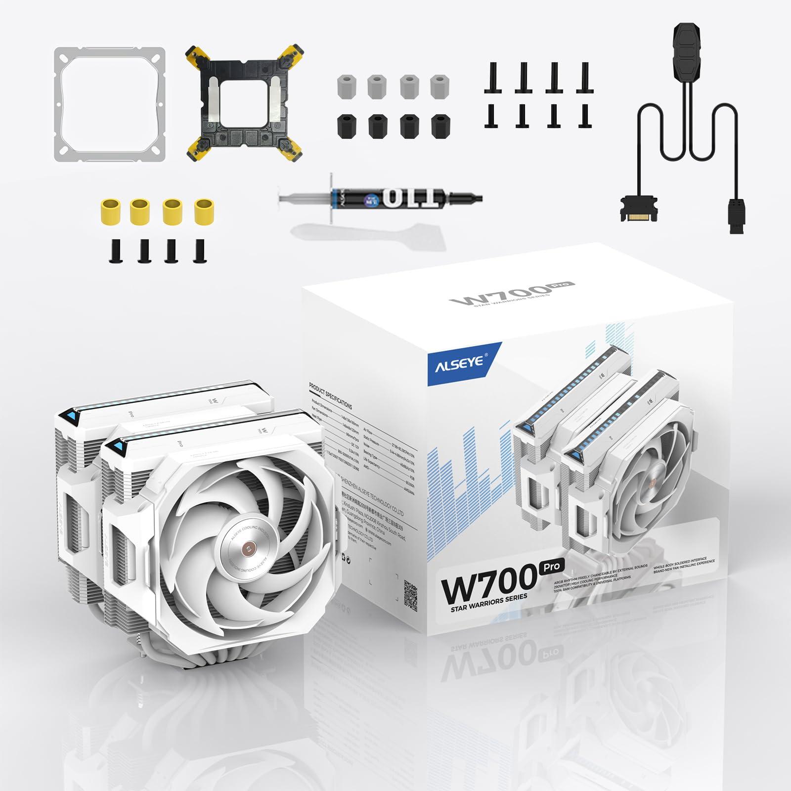 ALSEYE ALSEYE W700 Pro CPU Cooler Dual-Tower 290W TDP PWM 7 Heat Pipes Copper Bottom Air Cooler ARGB Voice-Activated Synchronized Rhythm Light Cover Koala Fans LGA1700/1200/2011/2066 AM5/AM4 (Black) (White)