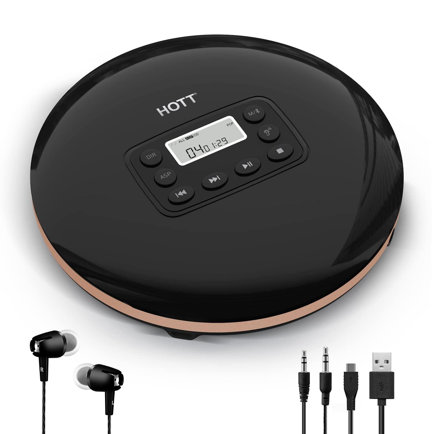 HOTT HOTT CD711T Bluetooth Rechargeable Portable CD Player for Home Travel and Car with Stereo Headphones and, Anti Shock Protection-Black