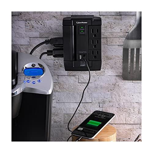 CyberPower CyberPower CSP600WSU Surge Protector, 1200J/125V, 6 Swivel Outlets, 2 USB Charging Ports, Wall Tap Design, Black