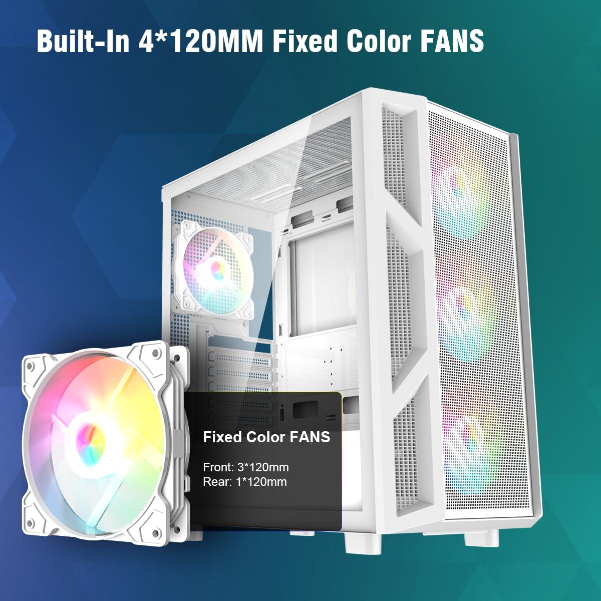 RUIX RUIX CV103 ATX Mid-Tower PC Case, Pre-Installed 4 x 120mm RGB Fans, RGB Color Lighting, Tempered Glass, USB 3.0, Gaming Computer Case, High-Airflow - White