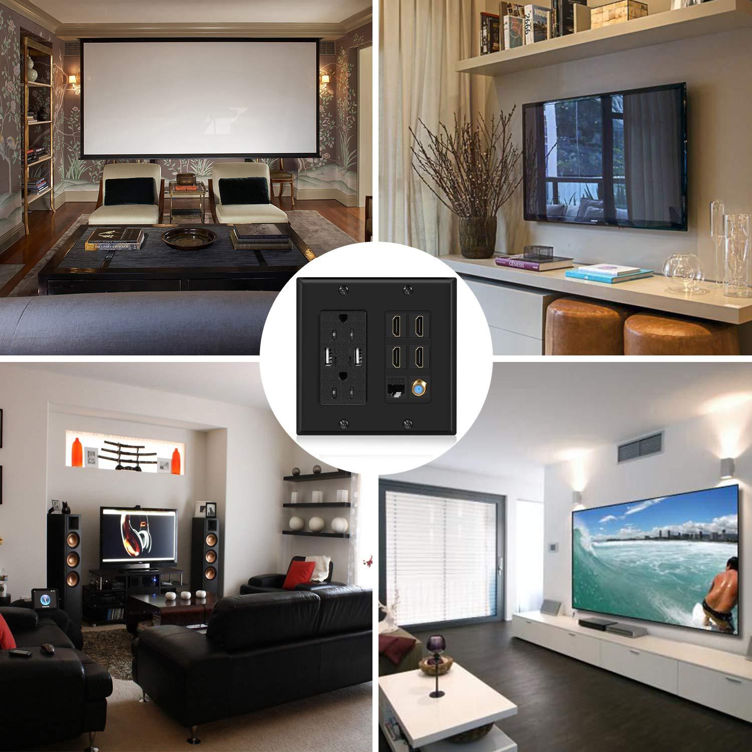 TNP Products TNP Multimedia Outlet Box (Black) - HDMI Outlet Wall Plate with USB Charging, USB Wall Plate Charger and Power Outlet 15A, 4 HDMI Ports, 1 Cat6 RJ45 Ethernet Port, Coaxial Cable Outlet, Keystone Jack