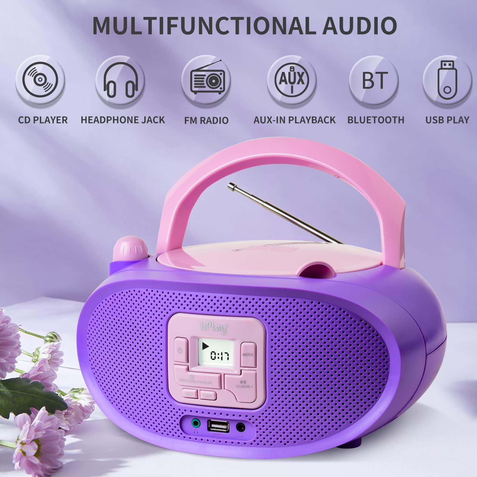 hPlay hPlay Gummy GC04B Portable CD Player Boombox with Digital Tunning FM Stereo Radio Kids CD Player Bluetooth USB LCD Display, Front Aux-in Port & Headphone Jack, Supported AC or Battery Powered- Violet