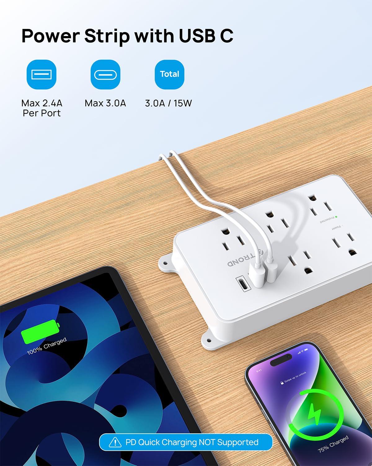 TROND TROND Power Strip with USB, Surge Protector Flat Plug with 5 Widely-Spaced Outlets and 3 USB Ports, ETL Listed, 1300J, Wall Mountable, 5ft Extension Cord, for Office Kitchen, White