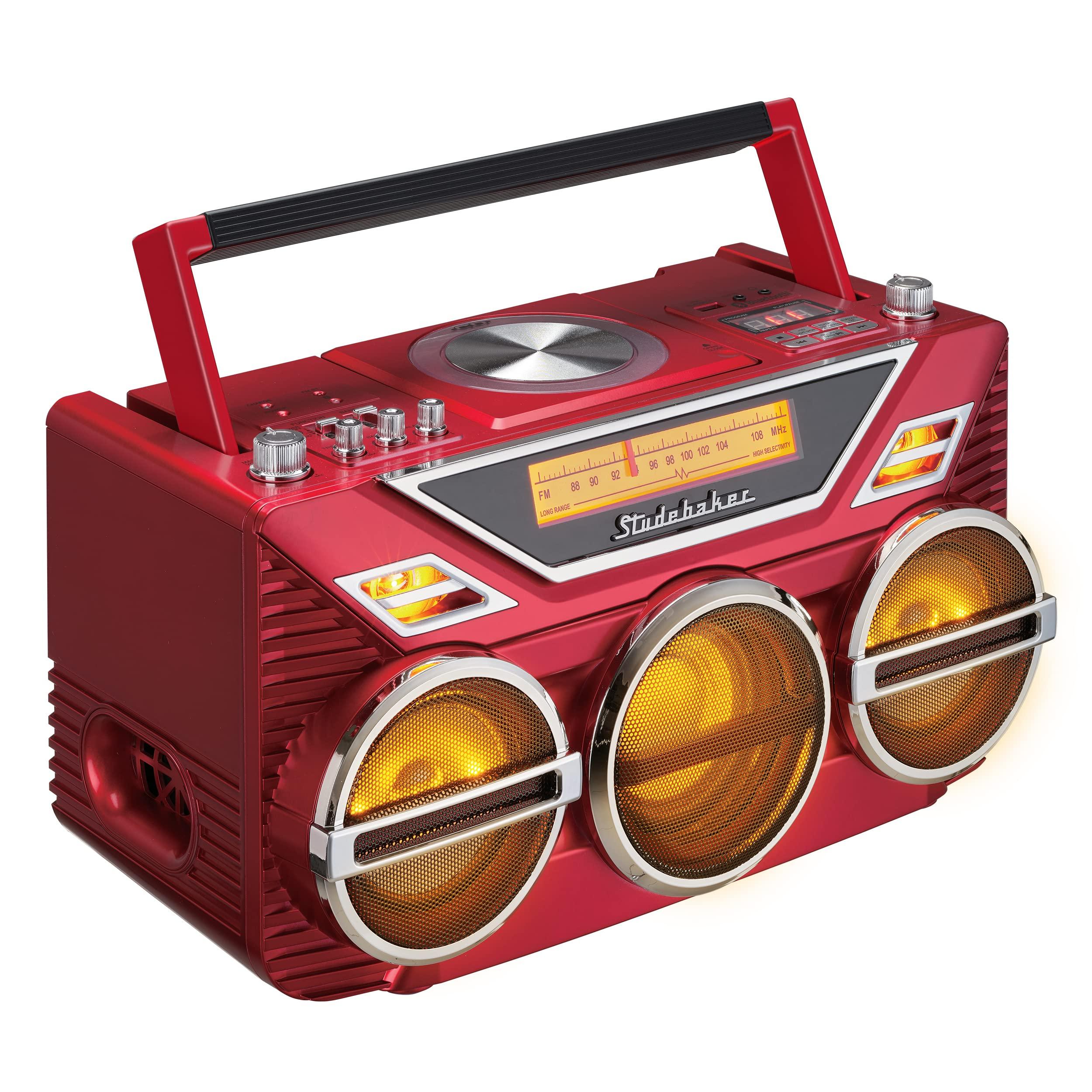 Studebaker Retro Studebaker Avanti Stereo Boombox with CD, FM Stereo Radio, Bluetooth Receive and Transmit, LED Light Show and 15W Subwoofer for High Power Bass (Red)