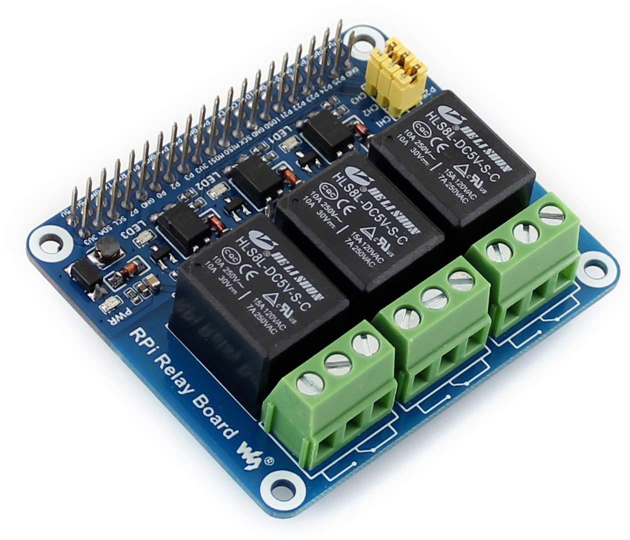 waveshare 3-CH RPi Relay Board RPi Expansion Board, Three Channel Power Relay Module Compatible with Raspberry Pi 5/4B/3B+/3B/Pi Zero W/Zero 2W/Pico/Pico W/Pico 2/Pico 2W, Loads up to 5A 250V AC or 5A 30V DC