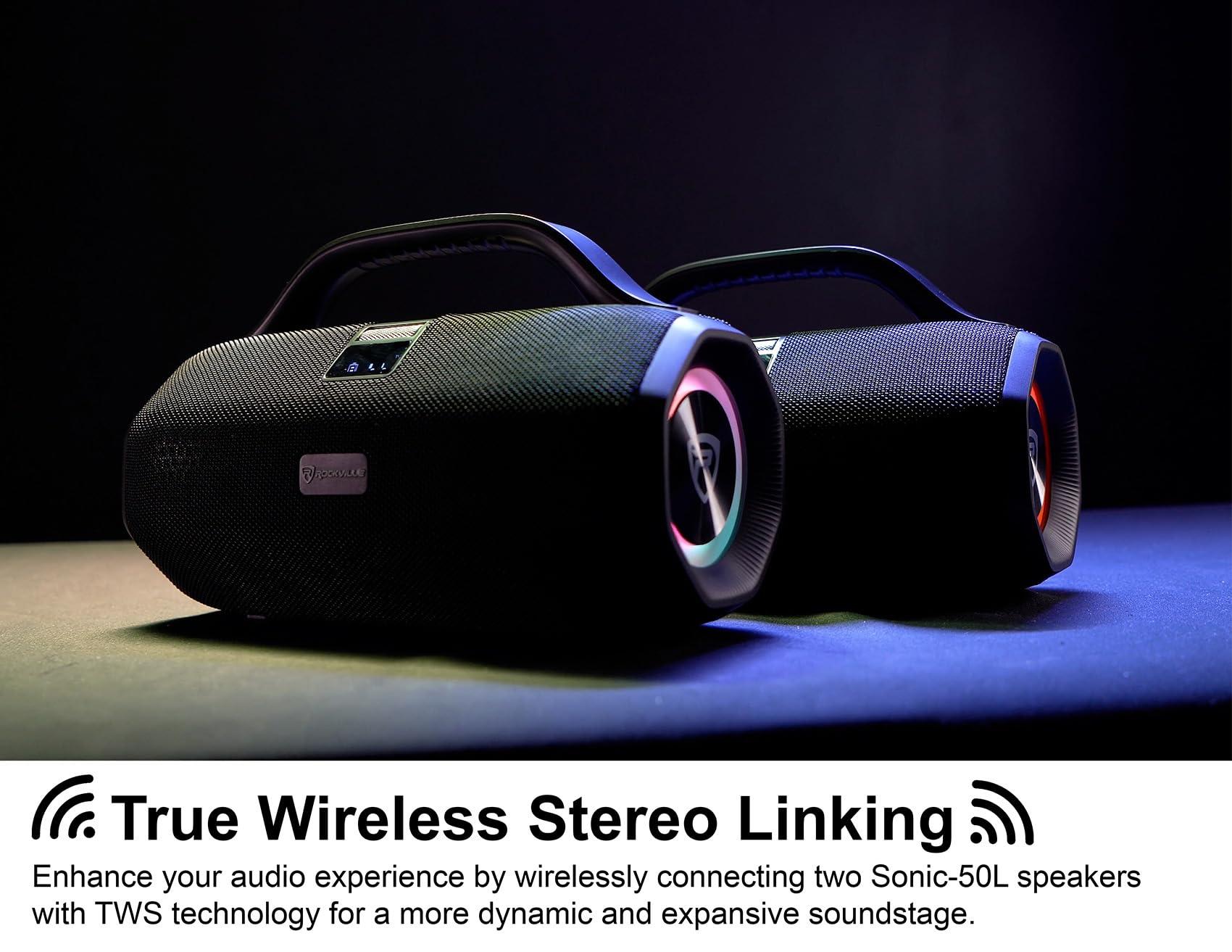 Rockville Rockville SONIC-50L Portable Bluetooth Speaker, 50W Stereo Sound, Dual LED Rings, IPX5 Water-Resistant, Upto 24-Hour Battery, TWS, USB/TF Card/AUX/Mic Inputs, for Outdoor and Indoor Events