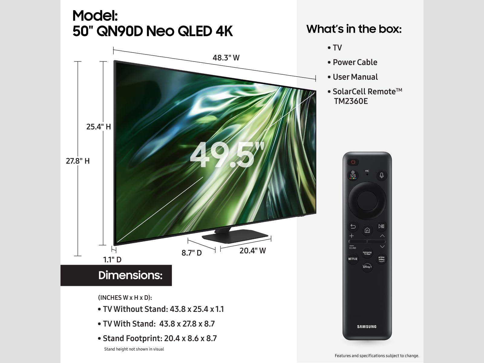Samsung Samsung 50-Inch Class Neo QLED 4K QN90D Series Mini LED, Neo Quantum HDR+ Smart TV w/Dolby Atmos, Object Tracking Sound+, Motion Xcelerator, Real Depth Enhancer Pro, Alexa Built-in (QN50QN90D, 2024)