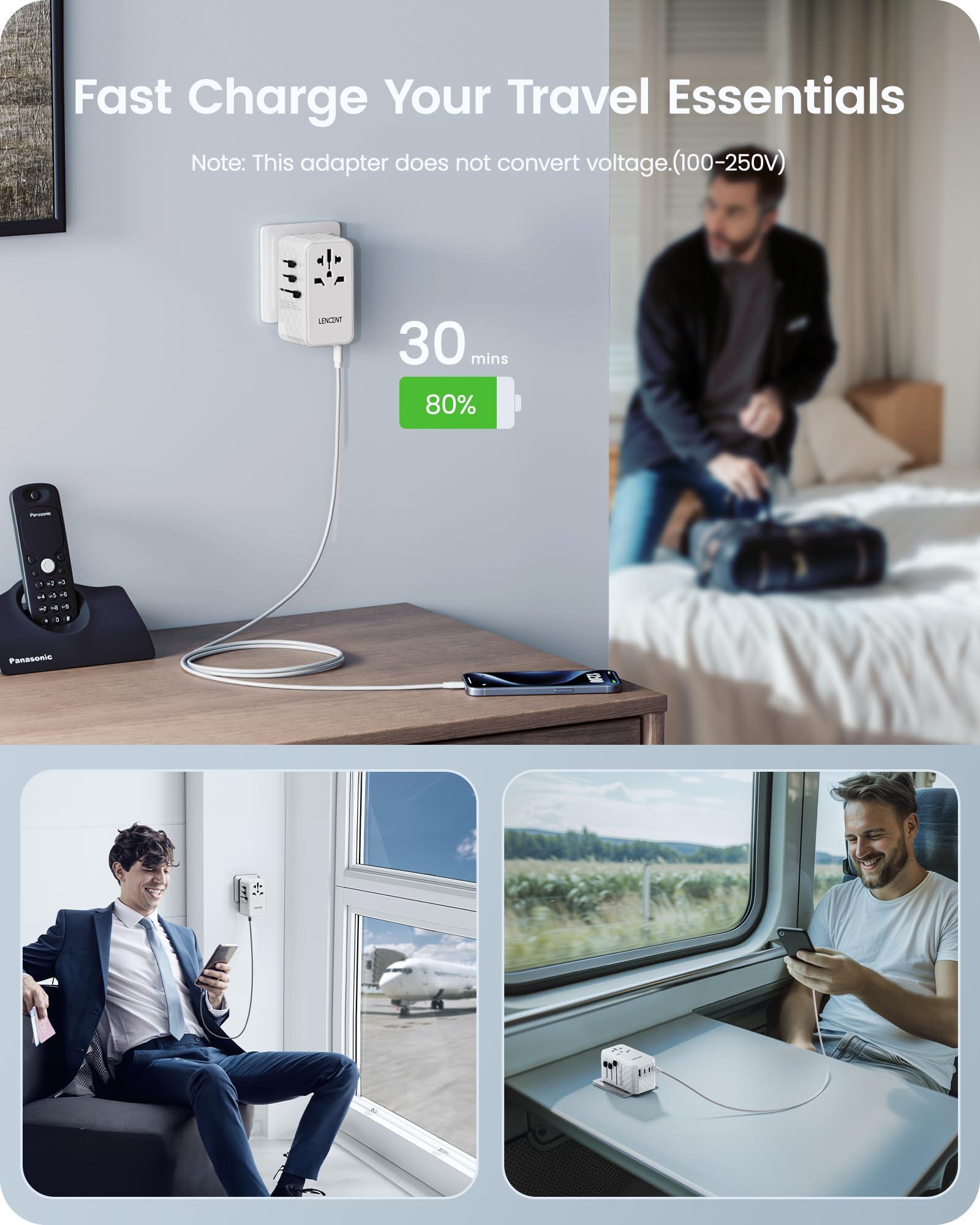 LENCENT LENCENT 140W International Travel Adapter, GaN Universal Travel Adapter with 1 USB-A & 3 Type C Power Adapter, Fast Charger for Phone,Laptops, Worldwide Plug Adapter for USA/UK/EU/AUS, White