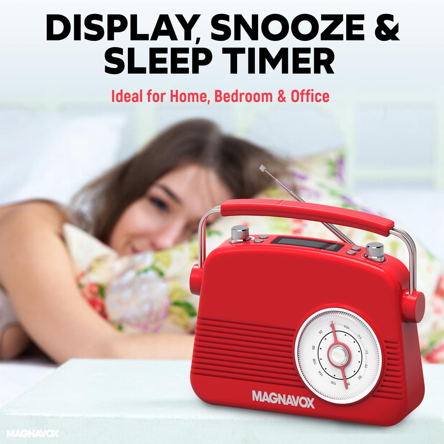 Magnavox Magnavox Retro Dual Alarm Clock FM Radio - Bluetooth Wireless Technology, LCD Display, Snooze & Sleep Timer - Ideal for Home, Bedroom & Office (Red)