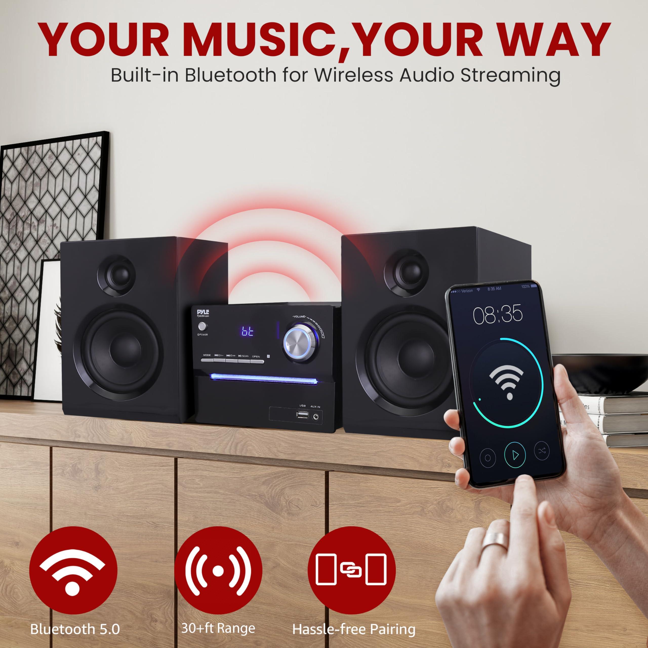 Pyle Pyle CD/DVD P.M.P.O Stereo System, 3-pc Wireless BT Streaming 6 Ohm Two-Way Wooden Speaker Box and Subwoofer, Digital Amplifier IC with MP3, USB, FM Radio, Bass Reflex Speaker