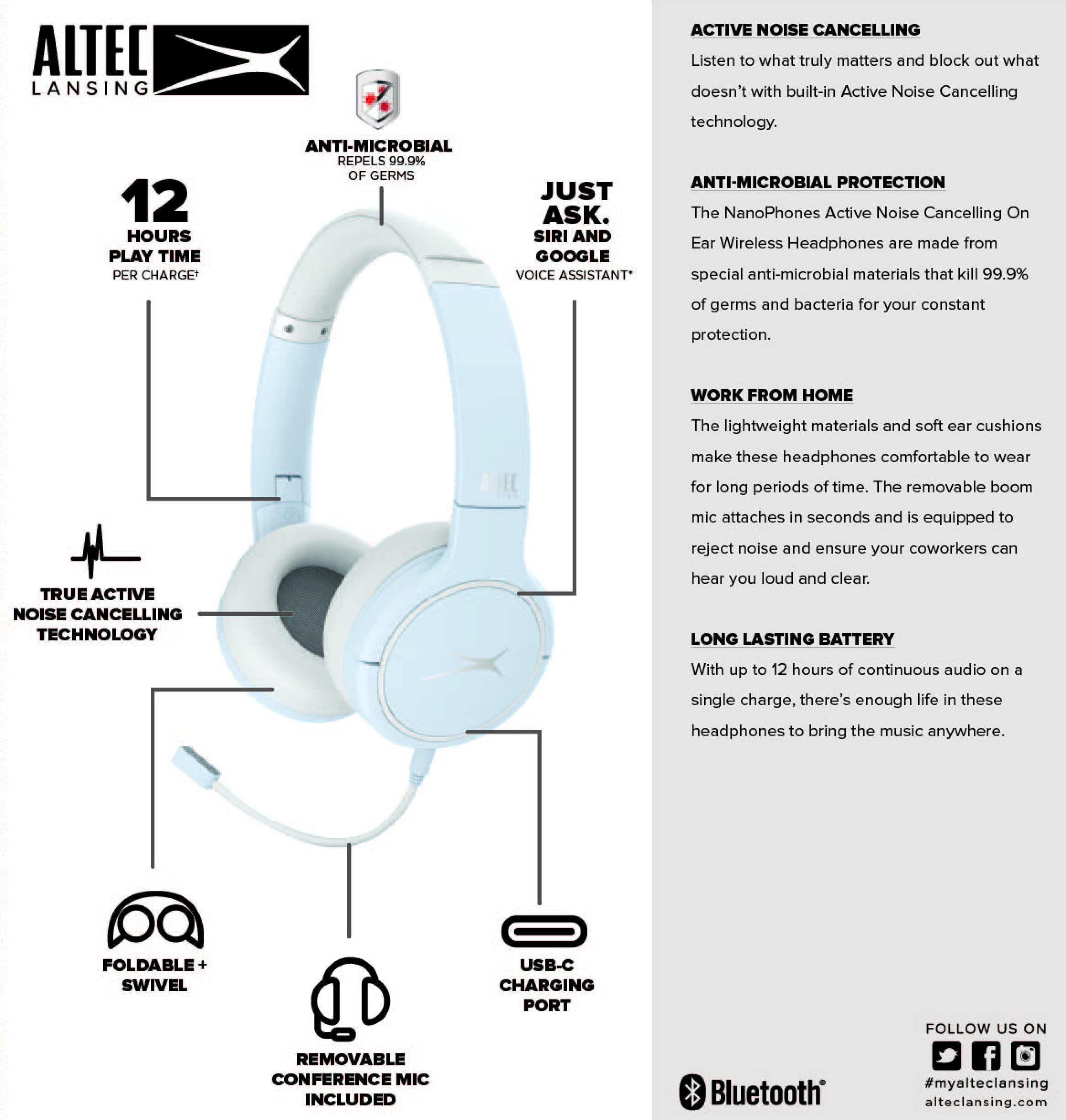 Altec Lansing Altec Lansing Nanophones ANC Bluetooth Wireless Active Noise Cancelling Headphones On Ear Headphones 12 Hour Battery Life, Foldable Earcups, Removeable Mic for Working and Learning from Home (ICY)