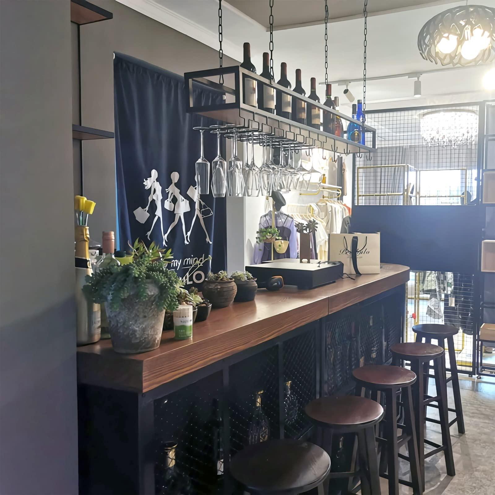 SPTZQURY Ceiling Wine Glass Rack - Hanging Wine Rack with Glass Holder and Shelf, Height Adjustable Industrial Hanging Wine Bottle Holder, Black Metal Ceiling Shelf for Bar Cafe Kitchen (31.49.88.6in)