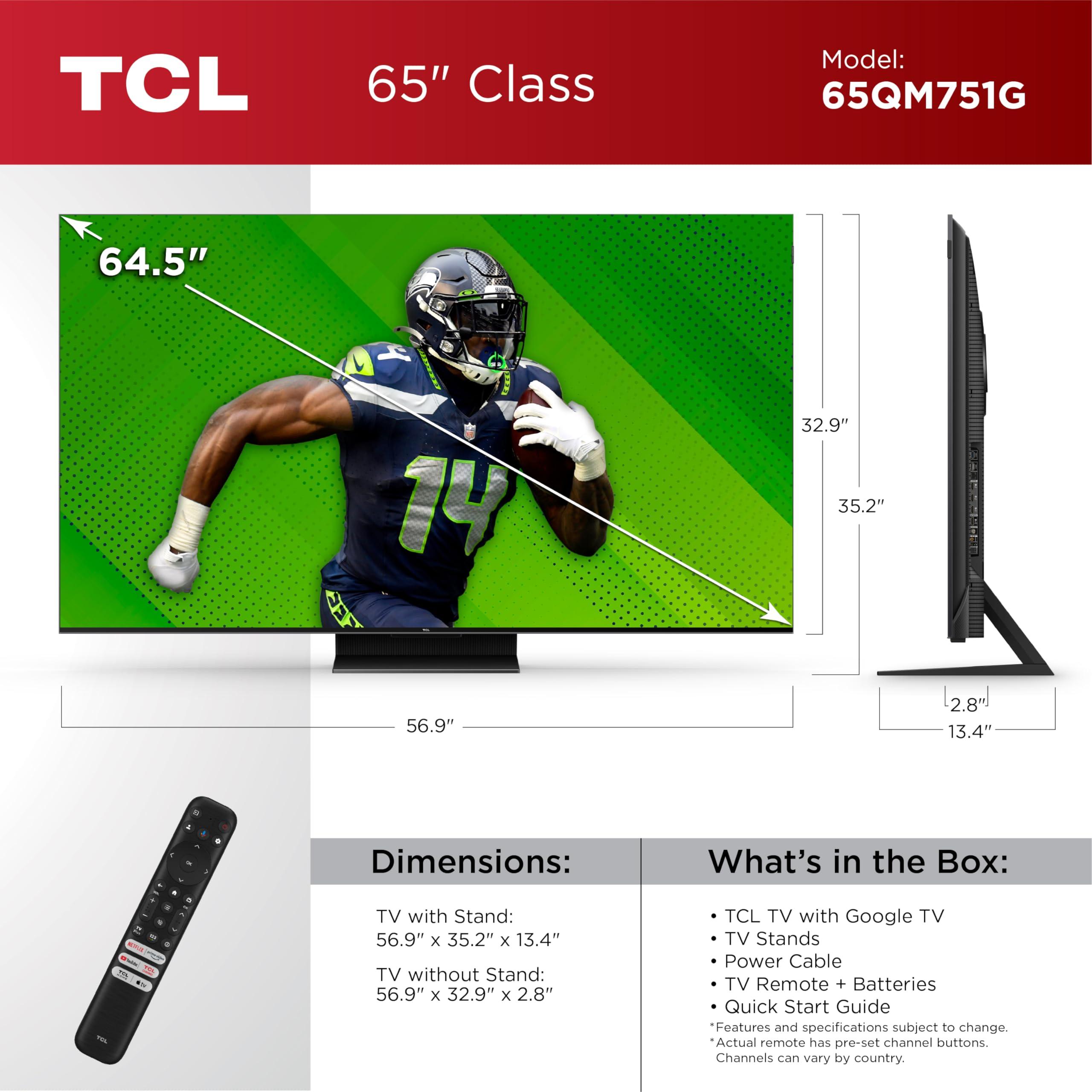 TCL TCL 65-Inch QM7 QLED 4K Smart QD-Mini LED TV with Google TV (65QM751G, 2024 Model) Dolby Vision IQ, Dolby Atmos, HDR, Game Accelerator up to 240Hz, Voice Remote, Works with Alexa, Streaming Television