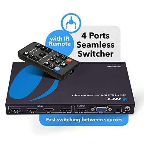 OREI OREI Quad Multi HDMI Viewer 4 in 1 Out, HDMI Switcher 4 Ports Seamless Switcher and IR Remote Support 1080P for PS4/PC/DVD/Security Camera, HDMI Switch VGA Output - HD-401MV