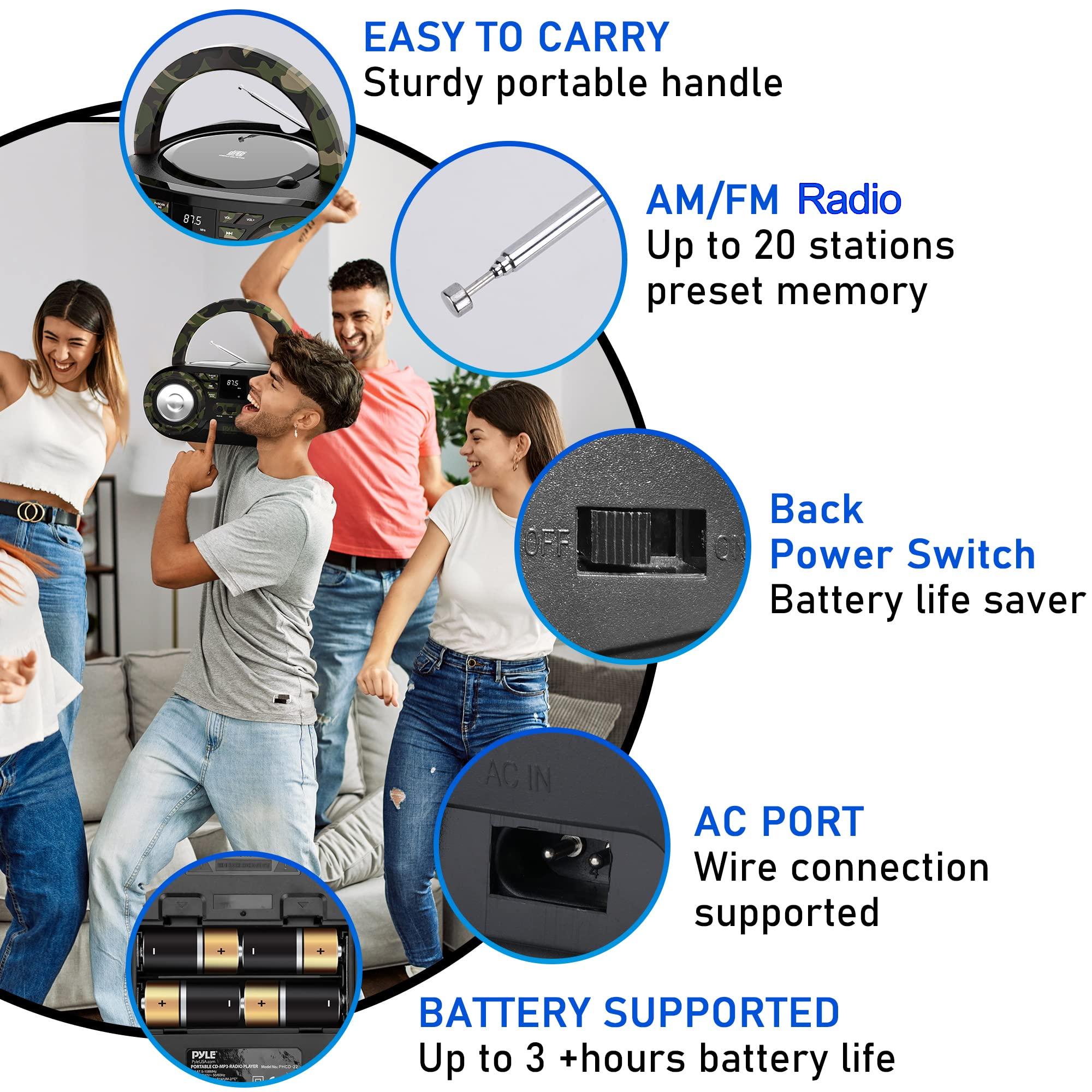 Pyle Pyle Portable CD Player Bluetooth Boombox Speaker - AM/FM Stereo Radio & Audio Sound, Supports CD-R-RW/MP3/WMA, USB, AUX, Headphone, LED Display, AC/Battery Powered, Camouflage - Pyle PHCD55.5