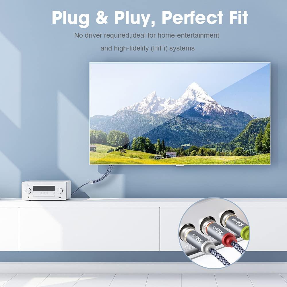 RIKSOIN RIKSOIN 3.5mm to 3 RCA Audio Video Cable, 6.6FT/2M 3.5mm to 3-Male RCA Adapter Stereo AUX Cord AV Cable for MP3, Camcorders, Tablet, Speaker, Home Theater, DVD Player & More (Grey)