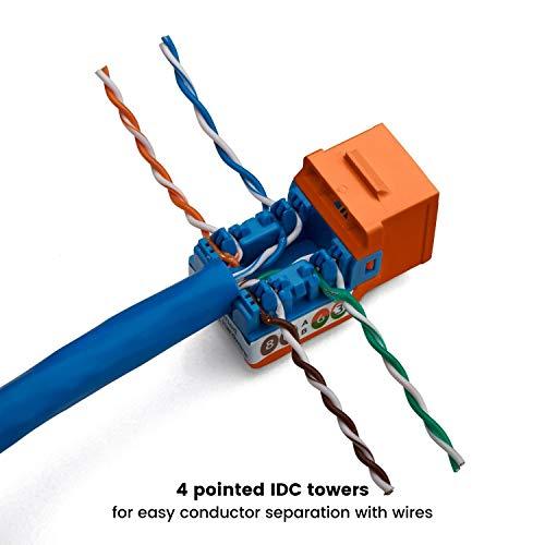 TRUE CABLE trueCABLE Cat6 Keystone Jack, Unshielded (UTP), 90 Degree Punch-Down, PoE++ (4PPoE) 100W, UL Listed, ETL Verified, ANSI/TIA Certified, Modular RJ45 Female, Orange, 12 Pack