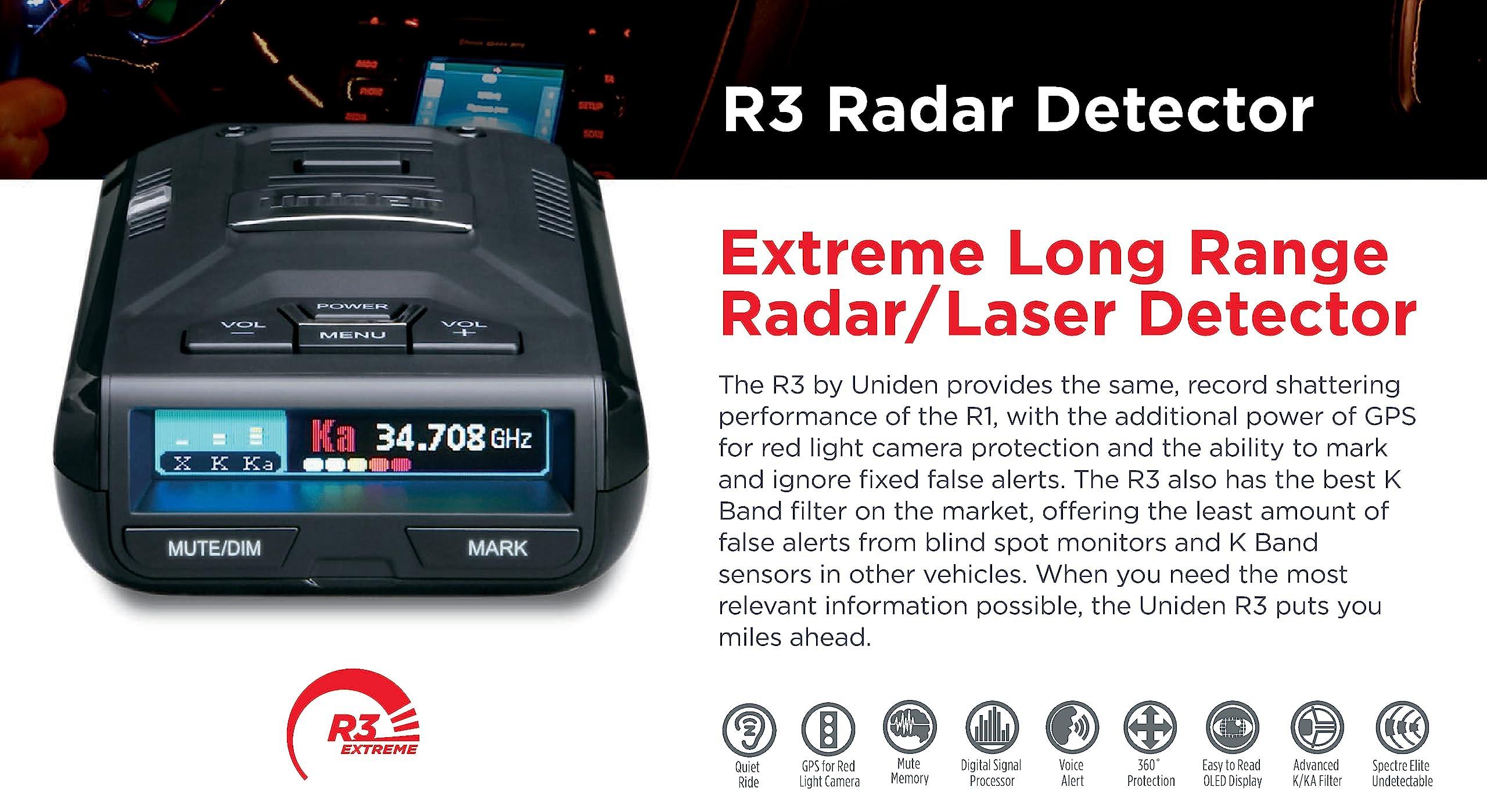 Uniden Uniden R3 EXTREME LONG RANGE Laser/Radar Detector, Record Shattering Performance, Built-in GPS w/ Mute Memory, Voice Alerts, Red Light & Speed Camera Alerts, Multi-Color OLED Display , Black