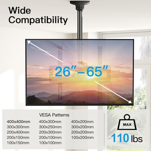 PERLESMITH PERLESMITH Ceiling TV Mount for 26-65 inch Flat Screen Displays, Hanging Adjustable Ceiling TV Bracket Fits Most LCD LED OLED 4K TVs, Pole Ceiling Mount Holds up to 110lbs, Max VESA 400x400mm, PSCM2