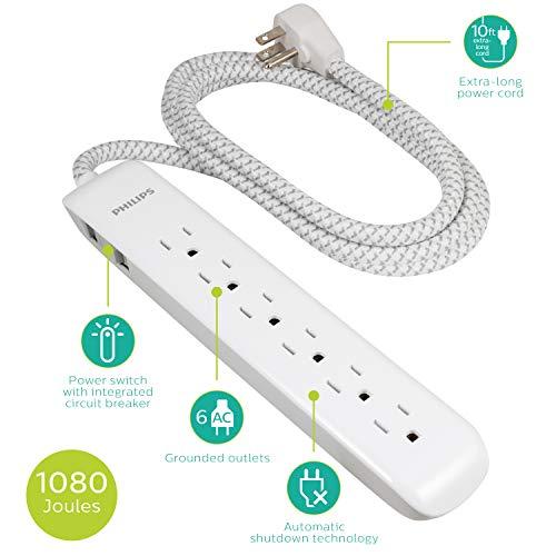 PHILIPS Philips 6-Outlet Surge Protector Power Strip, Designer Braided Power Cord, 10 Ft Power Cord, Flat Plug Extension Cord, Perfect for Office or Home Décor, 1080 Joules, ETL Listed, White, SPC3064WG/37