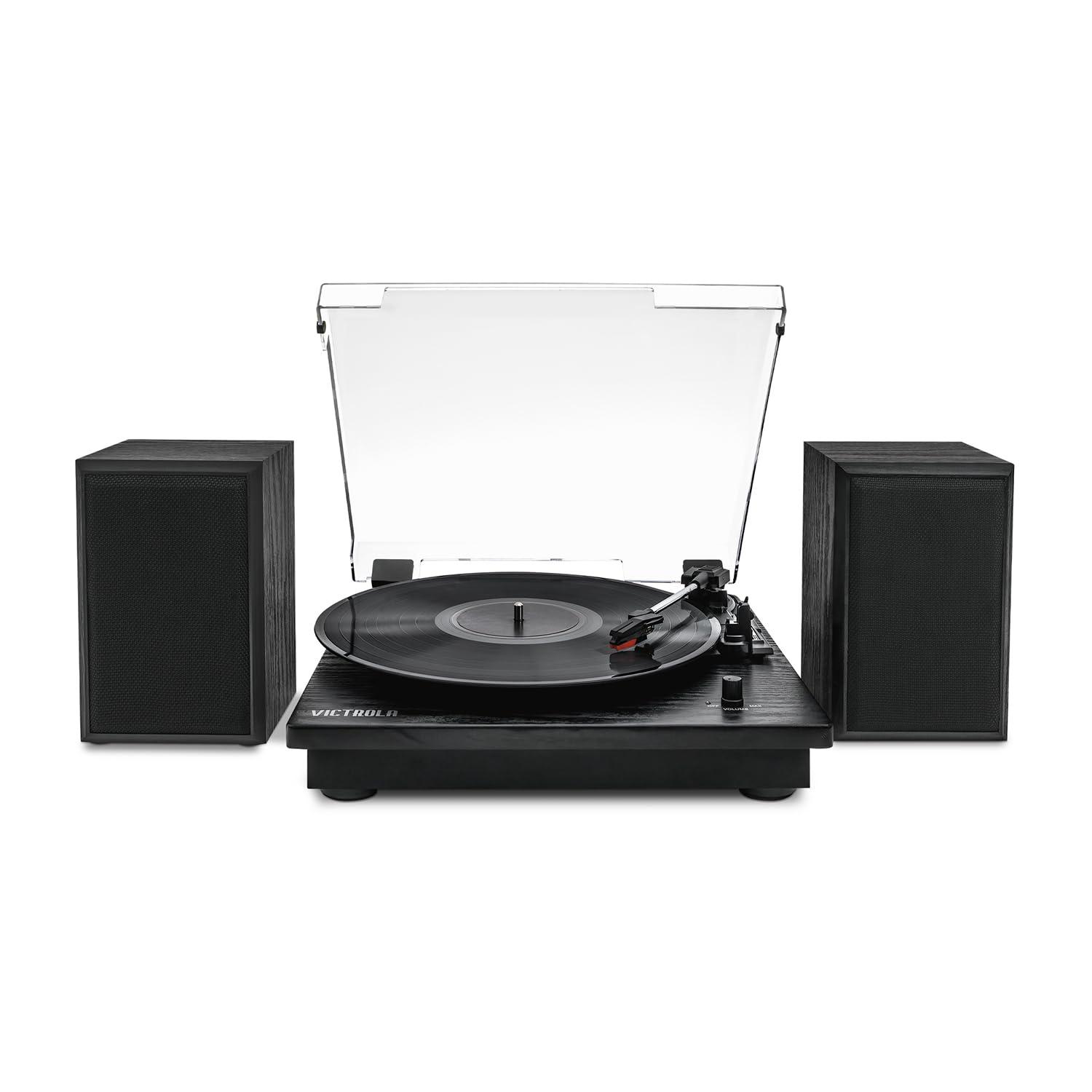 Victrola Victrola Montauk Vinyl Record Player, Black Wood Finish, 3-Speed Belt Driven Turntable with Stereo Bluetooth Speaker Pair, RCA Output and 3.5mm Headphone Jack, Removable Dust Cover