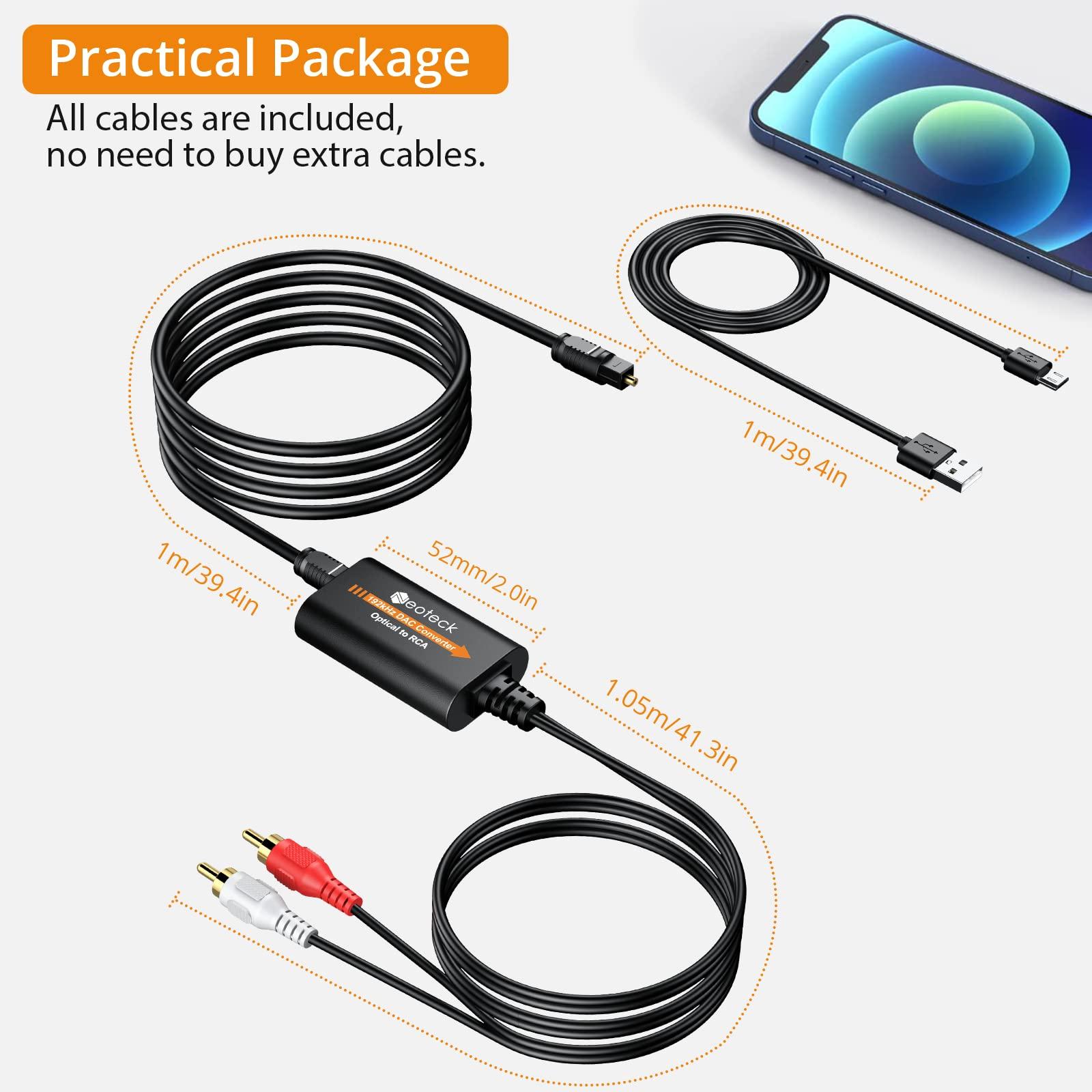 Neoteck Neoteck 192kHz DAC Converter 7ft/2.1m Optical to RCA Cable SPDIF to RCA Digital to Analog Converter with Built-in Audio Amplifier Chipset for HDTVs Set-Top Boxes DVD/Blu-Ray Players-Male Output