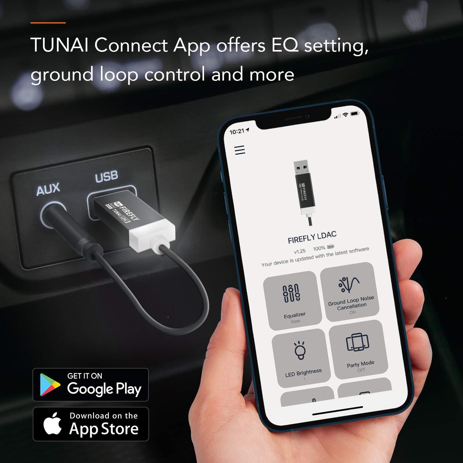 TUNAI TUNAI Firefly LDAC Bluetooth Receiver: High Resolution Wireless Audio Bluetooth 5.0 Adapter with Audiophile USB DAC 3.5mm AUX for Car/Home Stereo Hi Res Music Streaming; Auto On, No Charging Needed