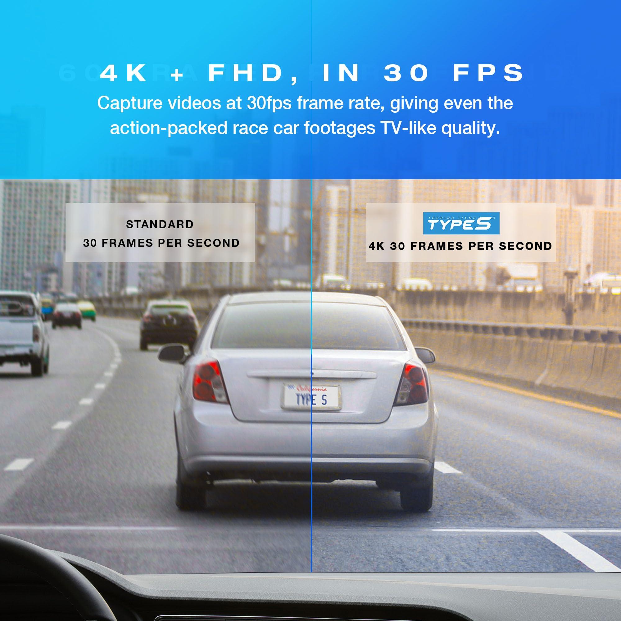 TYPE S TOURING ITEMS Type S S402 4K Dual View Car Dash Cam with 1080P Interior Surveillance Infrared Camera, Wireless Video Access via App Control, 24H Smart G-Sensor Monitoring, Night Vision, 16GB Memory Card Included