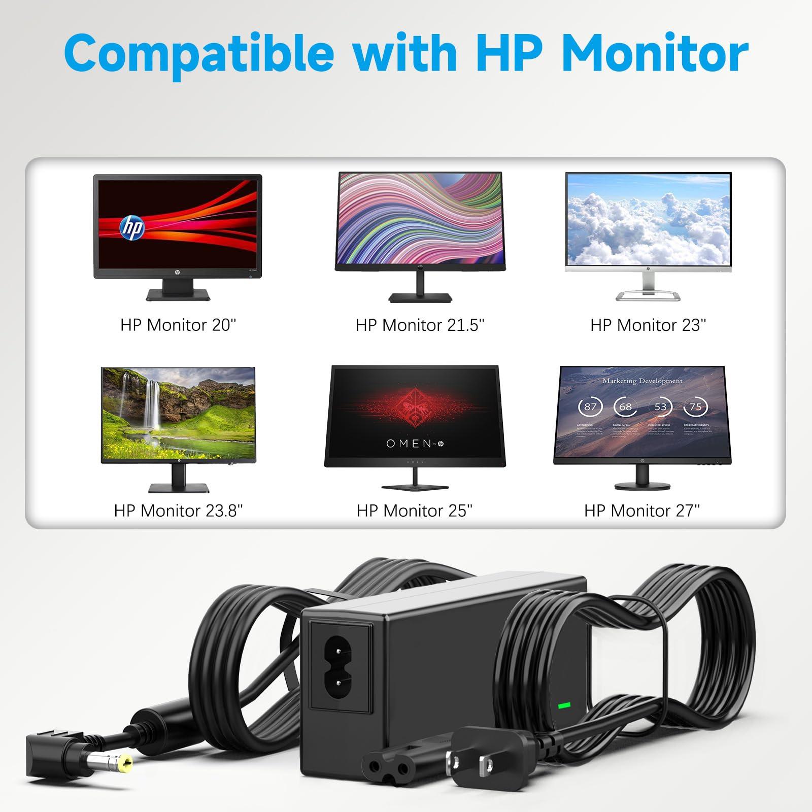 LJO-EEIH 19V Power Adapter for HP Monitor 20\" 21.5\" 23\" 23.8\" 25\" 27\"; 27xw 27xi 27er 23es 27es 25 24ea 25xw 25bw 25xi 22cwa 23xi 23bw 20xi Power Supply Cord Replacement