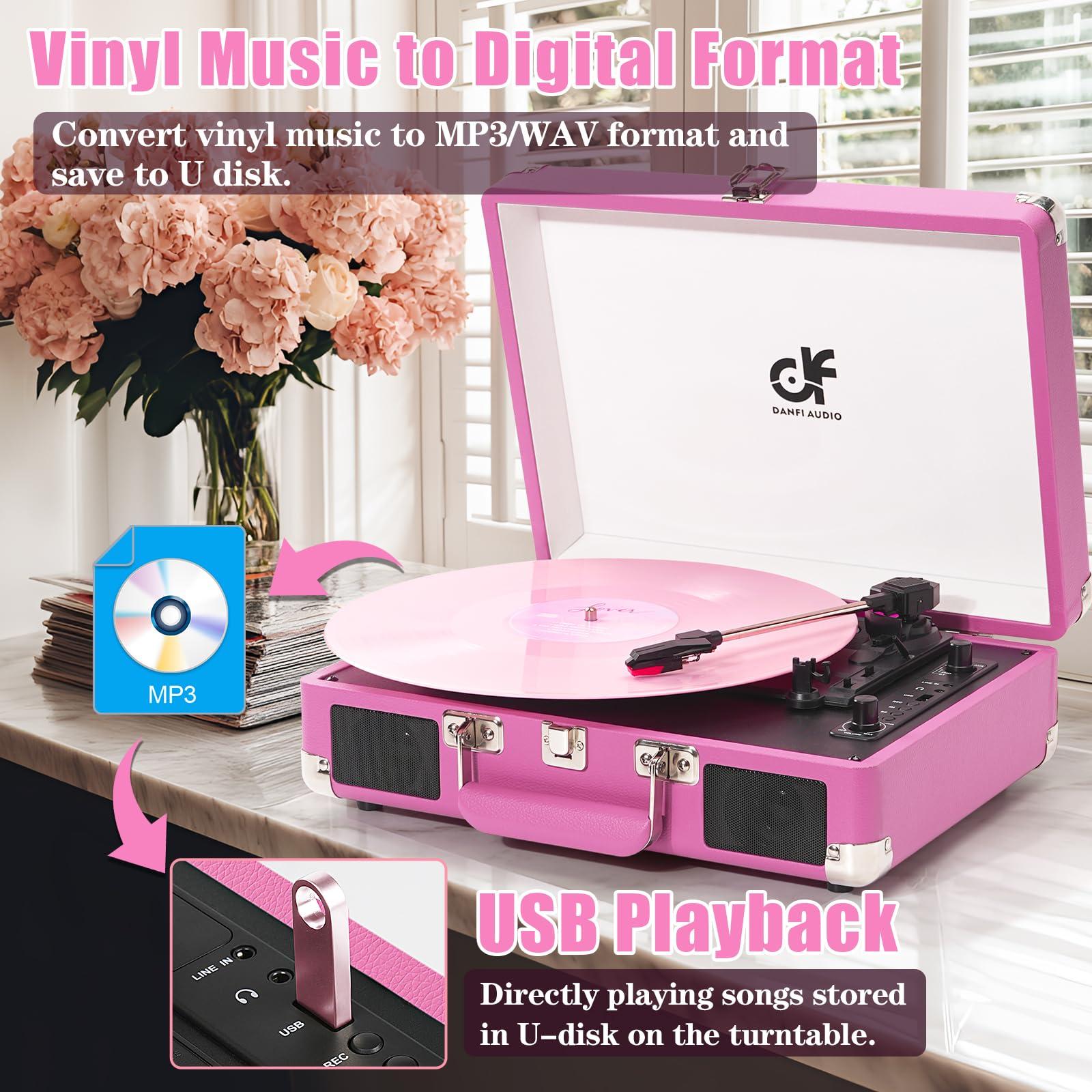 DANFI AUDIO DF DANFI Audio Pink Bluetooth Vinyl Record Player with Dual Speakers, USB Recording,3-Speed Suitcase Turntable, RCA/AUX/Headphone Output