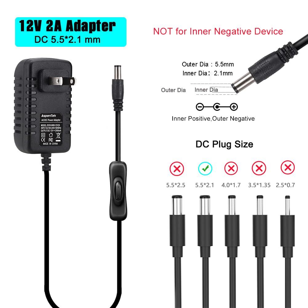 AspenTek AspenTek 12V Power Supply with Switch for Led String Light, Led Strip Light, Neon Sign, Under Cabinet Lighting, DC 12V CCTV Camera,Output 2A, 24 Watt Max