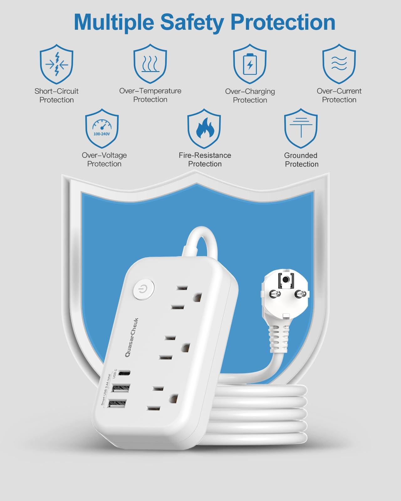 QuasarCheuk Type E F Plug Adapter, Germany France Travel Plug Adapter with 3 Outlets 3 USB PortsSchuko Plug Power Adaptor for US to Europe EU Spain Iceland Korea Greece Norway Russia German French, 4ft