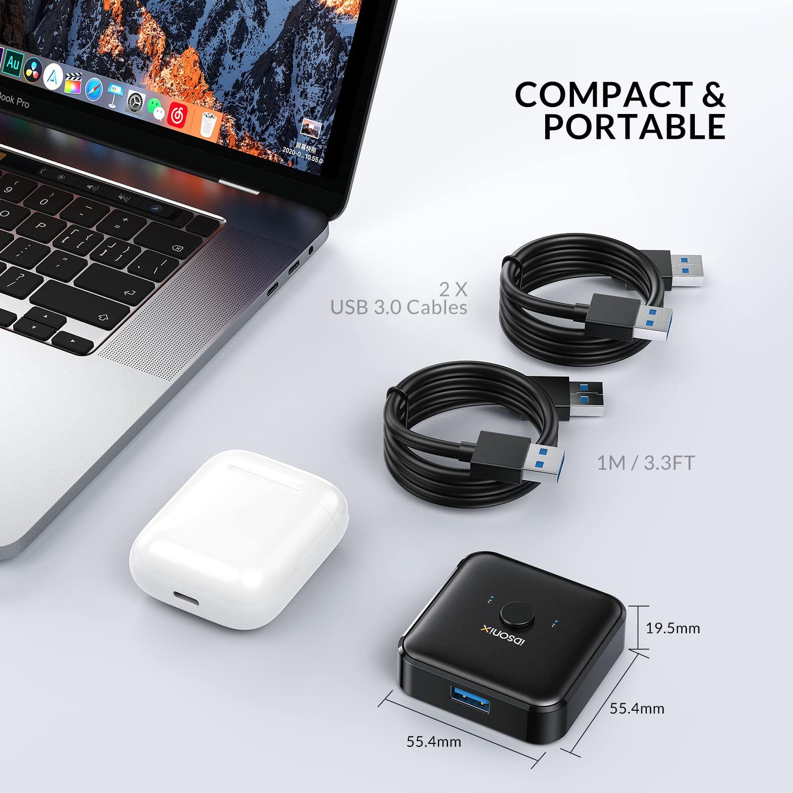 IDSONIX SMART INTERACTIVE USB 3.0 Switch Selector,iDsonix USB Switcher 1 in 2 Out(2 in 1 Out) Bi-Directional,USB Switch 2 Computers Share 1 Device for Printer,Scanner,Keyboard, USB Sharing Switch with 2pcs A to A 3.3ft Cables
