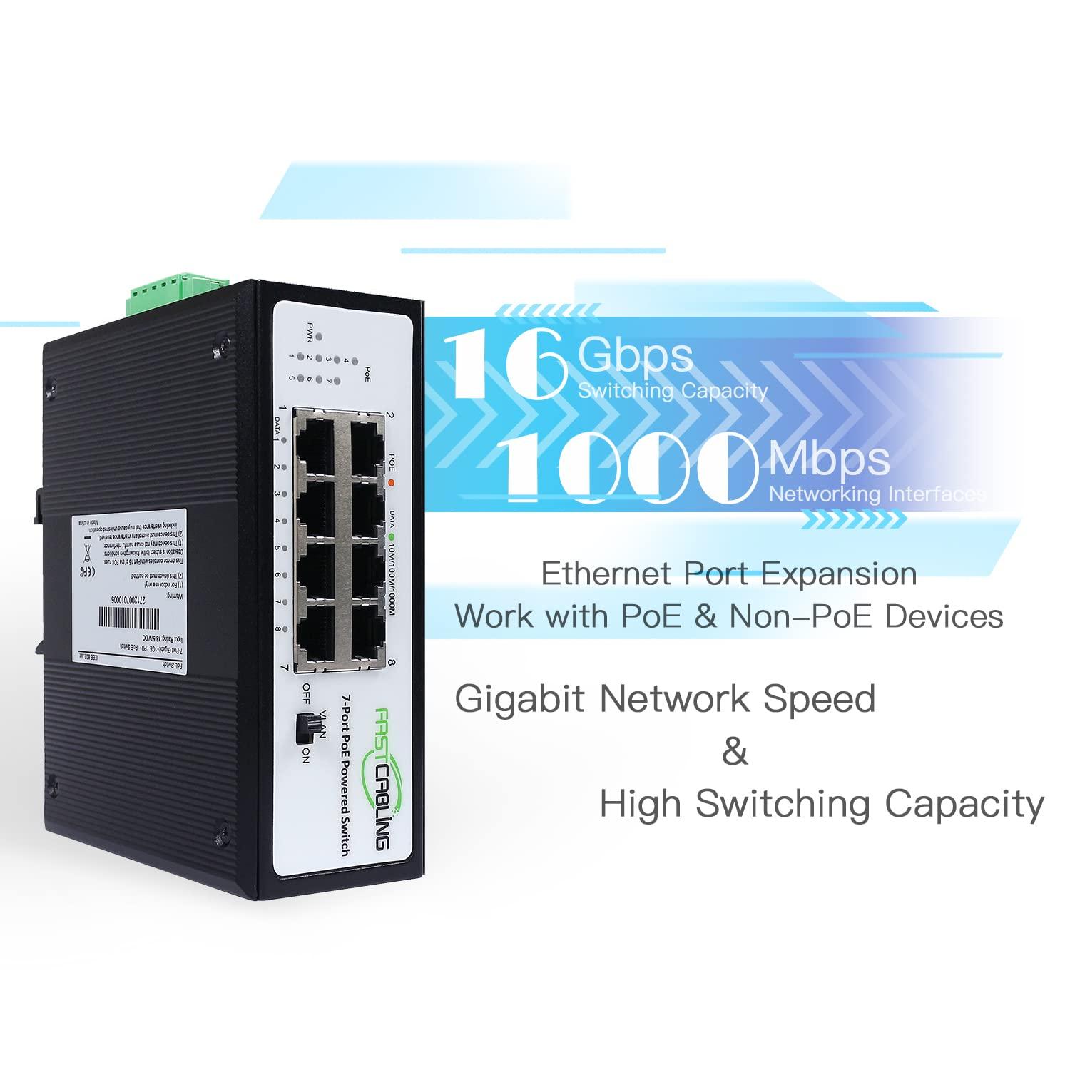 FASTCABLiNG FASTCABLING PoE Powered Switch 8 Port, 71W PoE Passthrough, Re-use Existed cat5e/cat6 Cable, Expand RJ45 Network Port