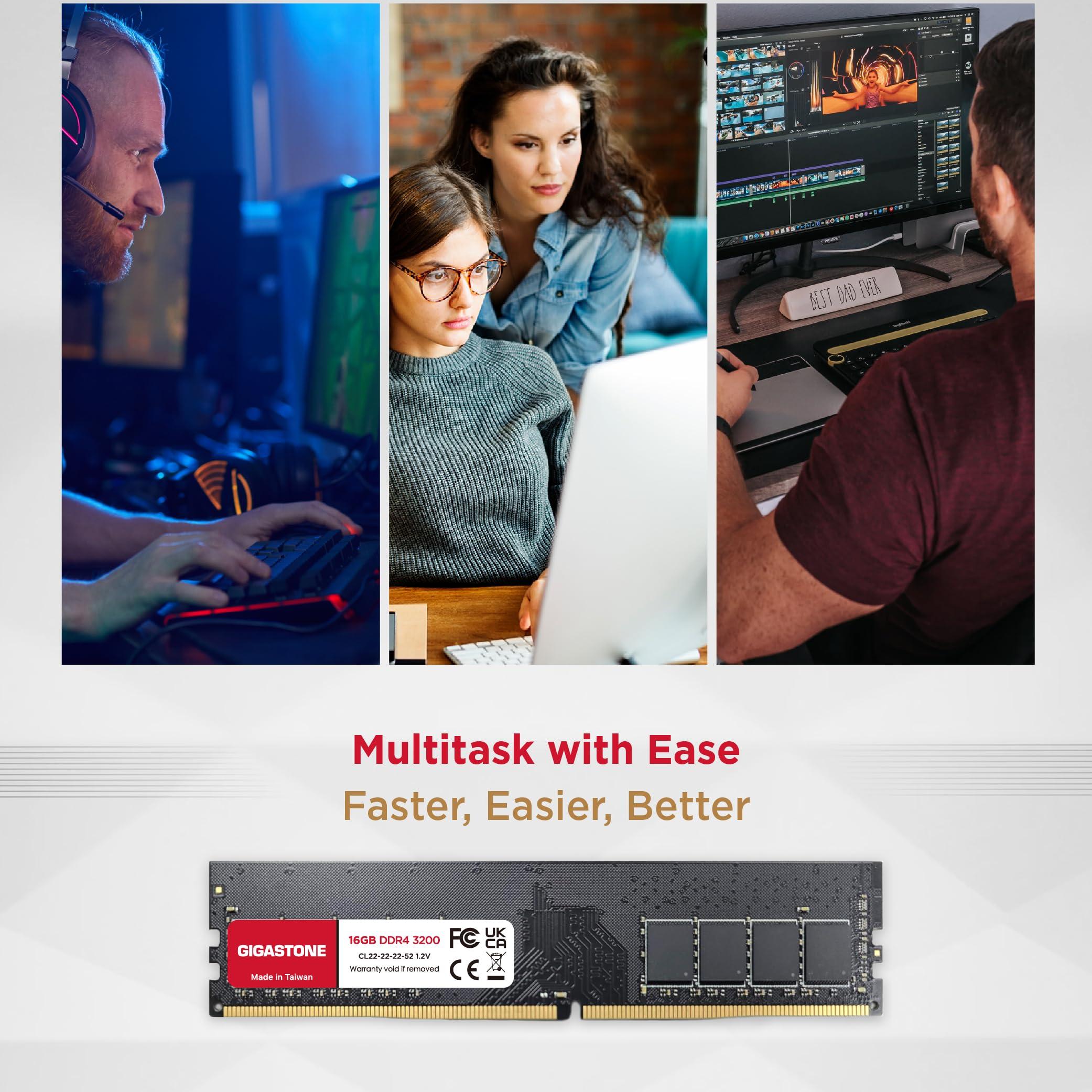 Gigastone DDR4 RAM GIGASTONE 64GB Kit (4x16GB) DDR4 3200MHz (2933MHz or 2666MHz) PC4-25600 (PC4-23400, 21300) CL22 1.2V UDIMM 288 Pin Unbuffered Non ECC High Performance PC Desktop Memory Upgrade