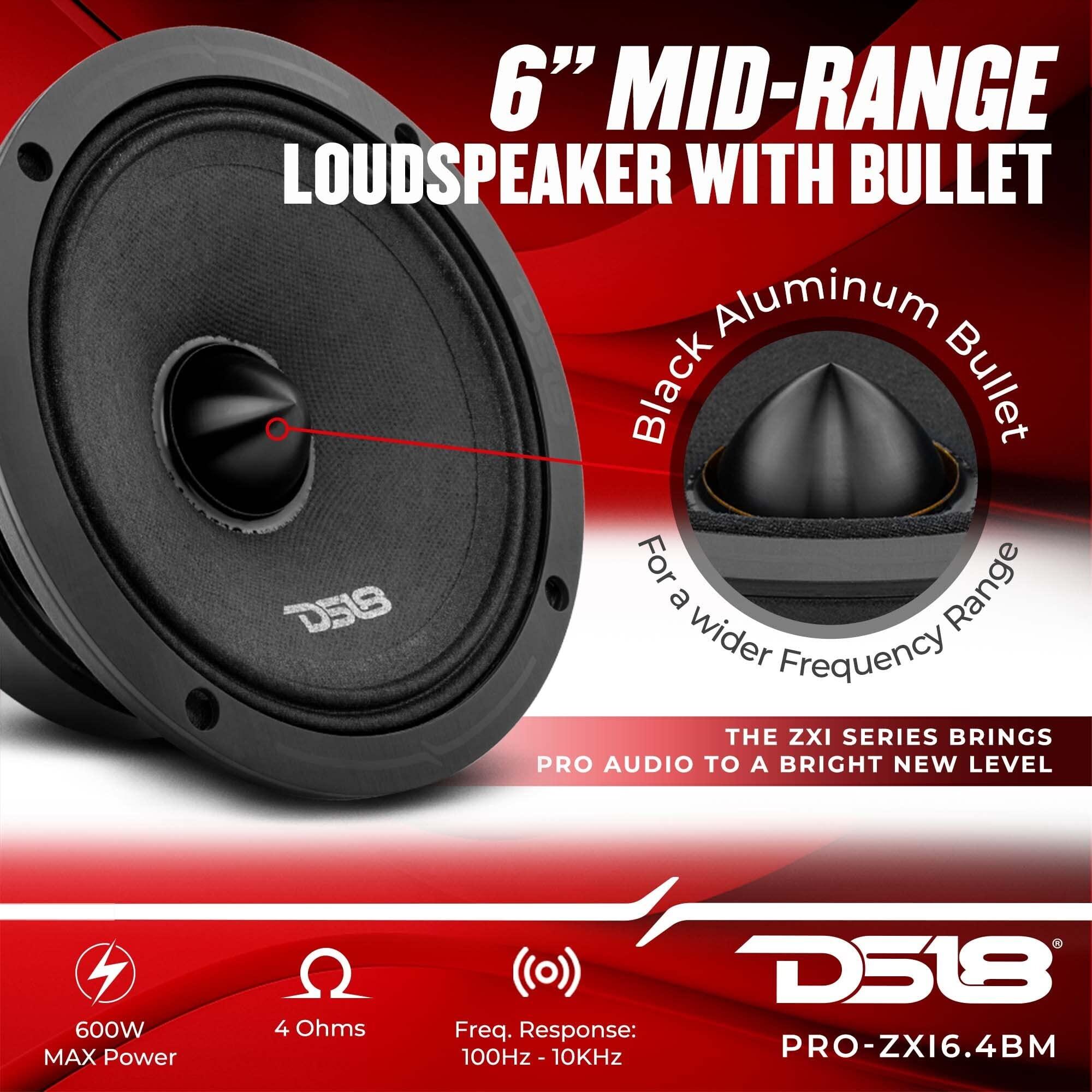 DS18 DS18 PRO-ZXI6.4BM 6.5" Pro Audio Midrange Loudspeaker - 600W Max, 300W RMS, 4 Ohms - Premium Quality Audio Door Speakers for Car or Truck Stereo Sound System (1 Speaker) (Renewed)