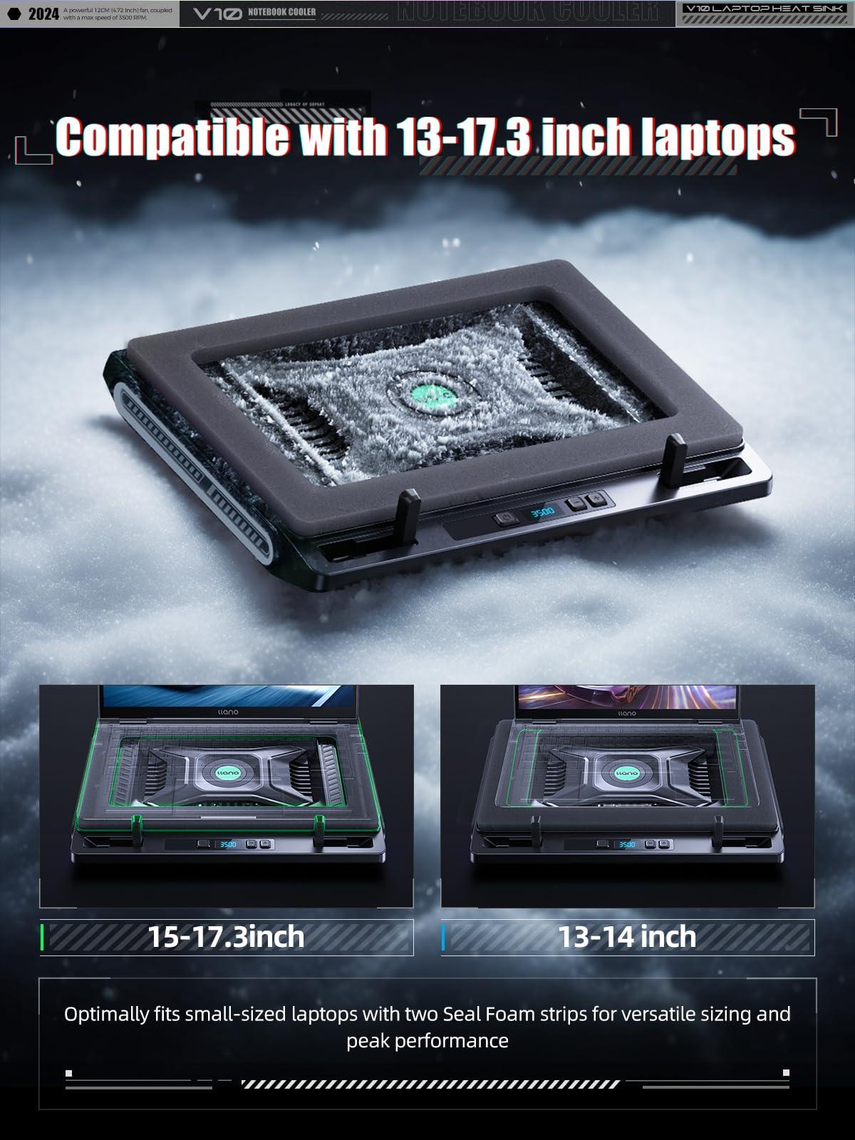 llano llano Laptop Cooler, Gaming Laptop Cooling Pad with 3500RPM Turbofan, 4.72 Inch External Fan Laptop Stand, Adjustable Variable Speed, Button Control, Seal Foam for Rapid Laptop13-17.3in, V10, Black