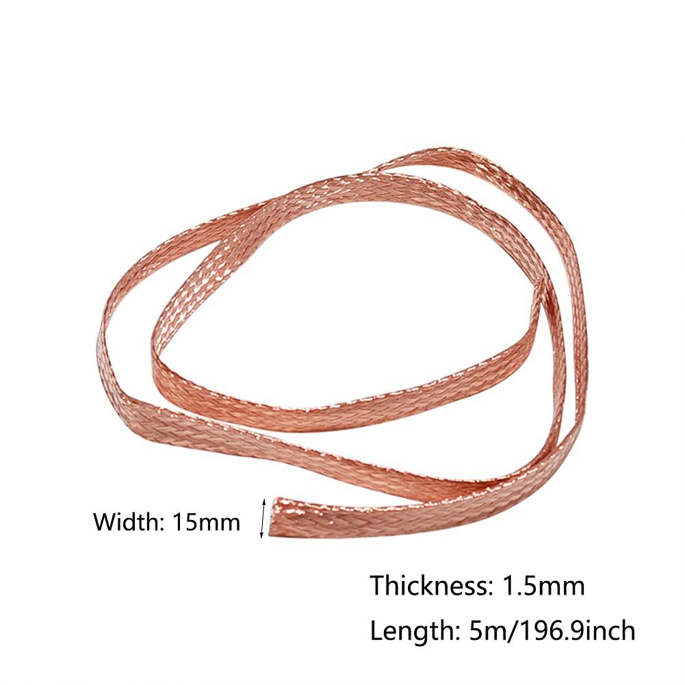BAIWANLIN BAIWANLIN Bare Copper Braided Ground Wire Flat Stranded Soft Conductive Band Strip Strap Lead Cable Lightning Ground Rod Length: 5m,8#:15x1.5mm