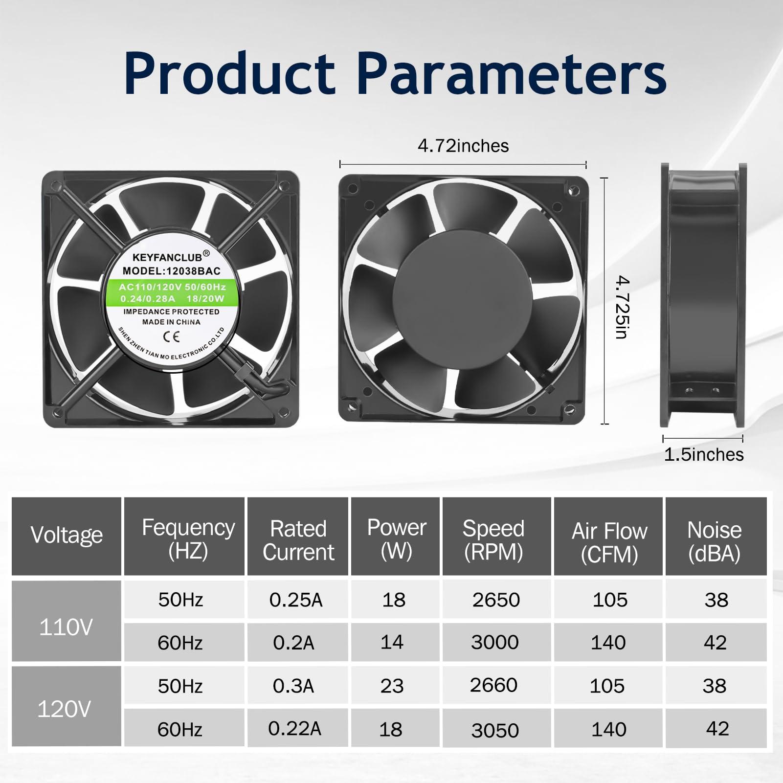 KEYFANCLUB KEYFANCLUB High Speed Axial Muffin Fan 110V 120V AC 120mm x 38mm Dual Ball for DIY Cooling Ventilation Exhaust Projects