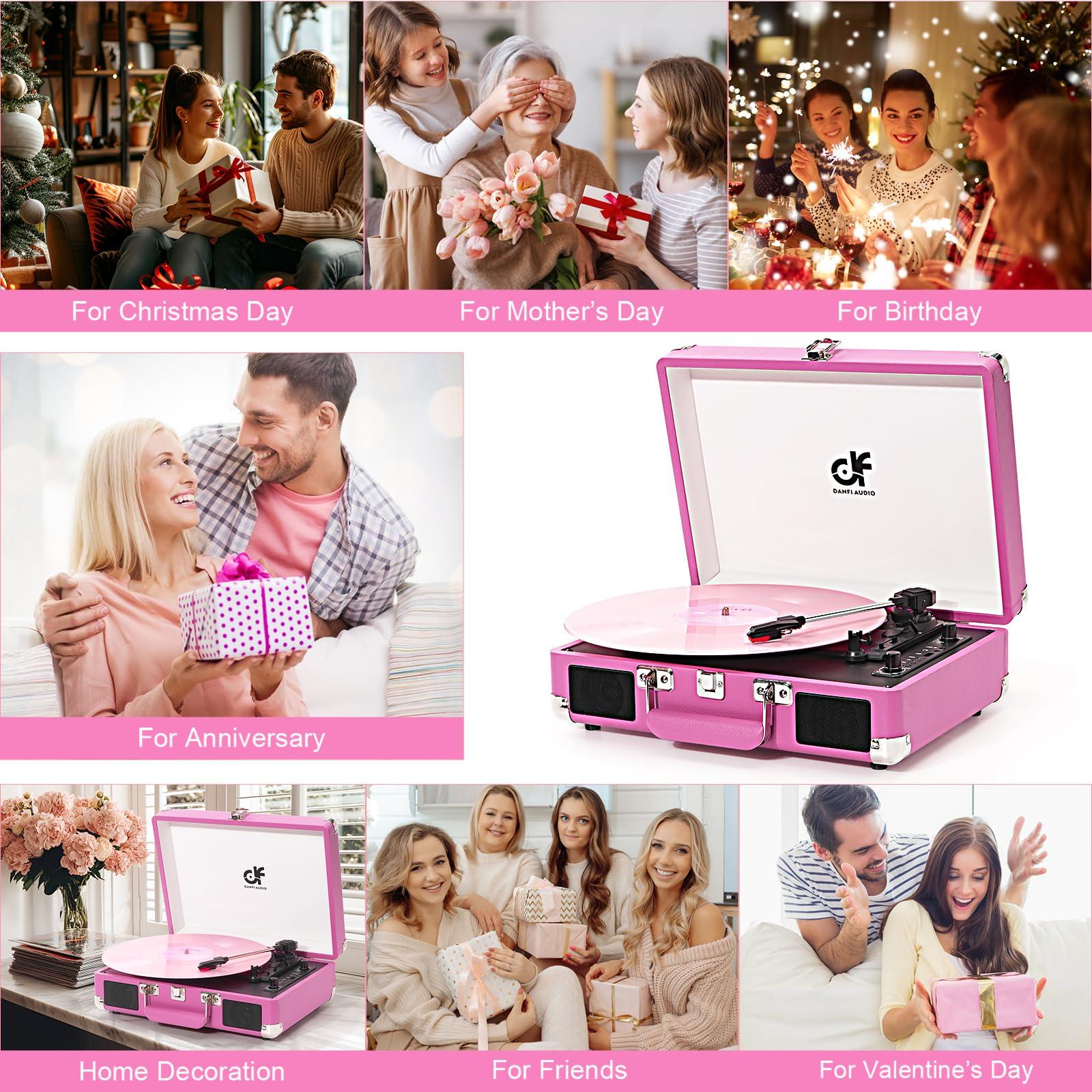 DANFI AUDIO DF DANFI Audio Pink Bluetooth Vinyl Record Player with Dual Speakers, USB Recording,3-Speed Suitcase Turntable, RCA/AUX/Headphone Output